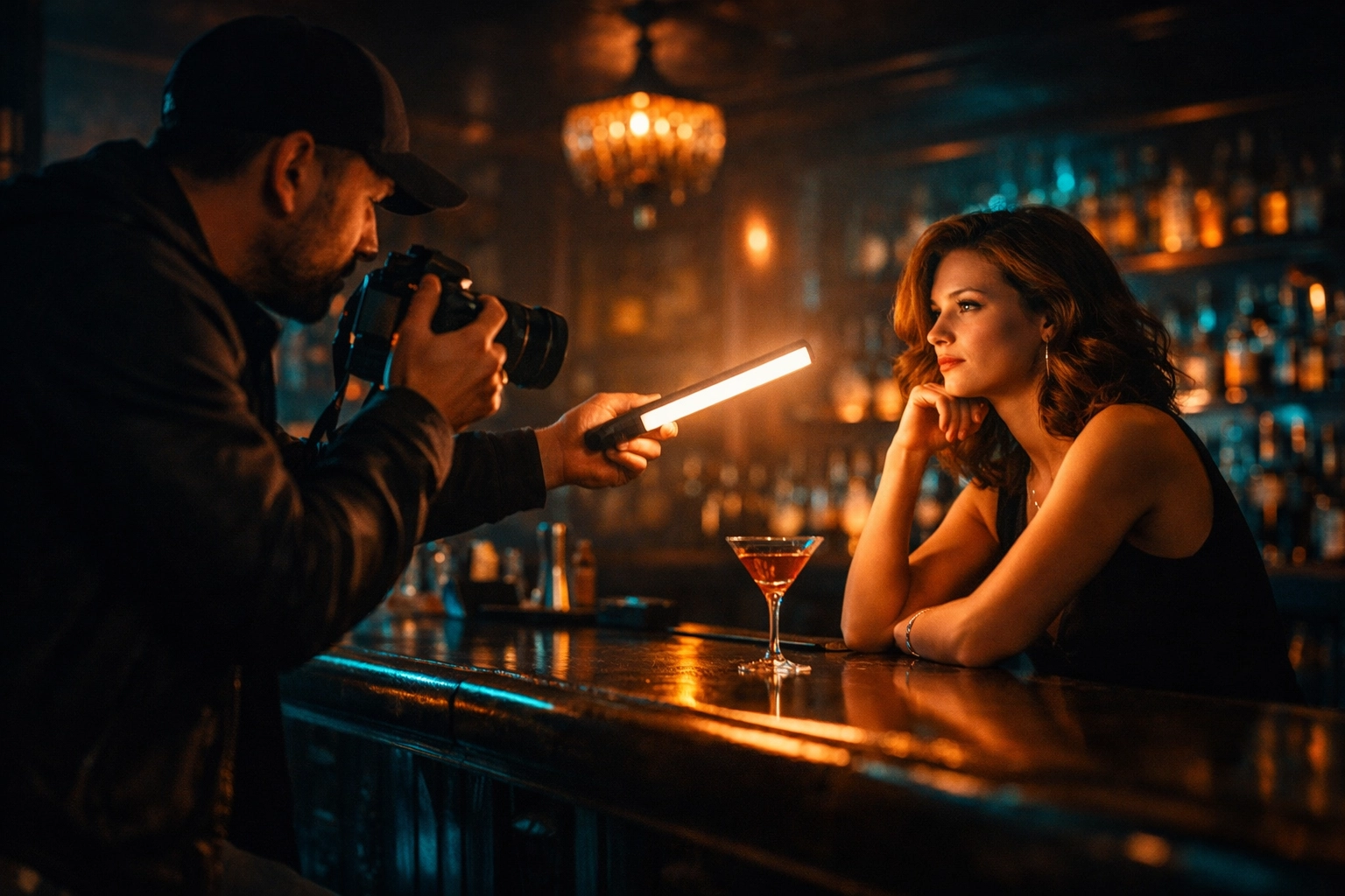 Photographer using constant LED lighting for a hybrid shoot in a moody urban setting.