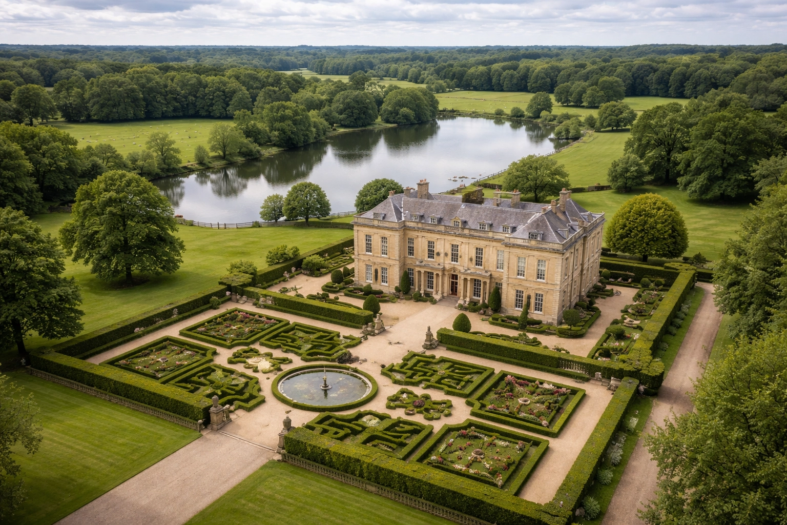 Aerial view of a Georgian manor house with extensive grounds and gardens in the Home Counties luxury property market