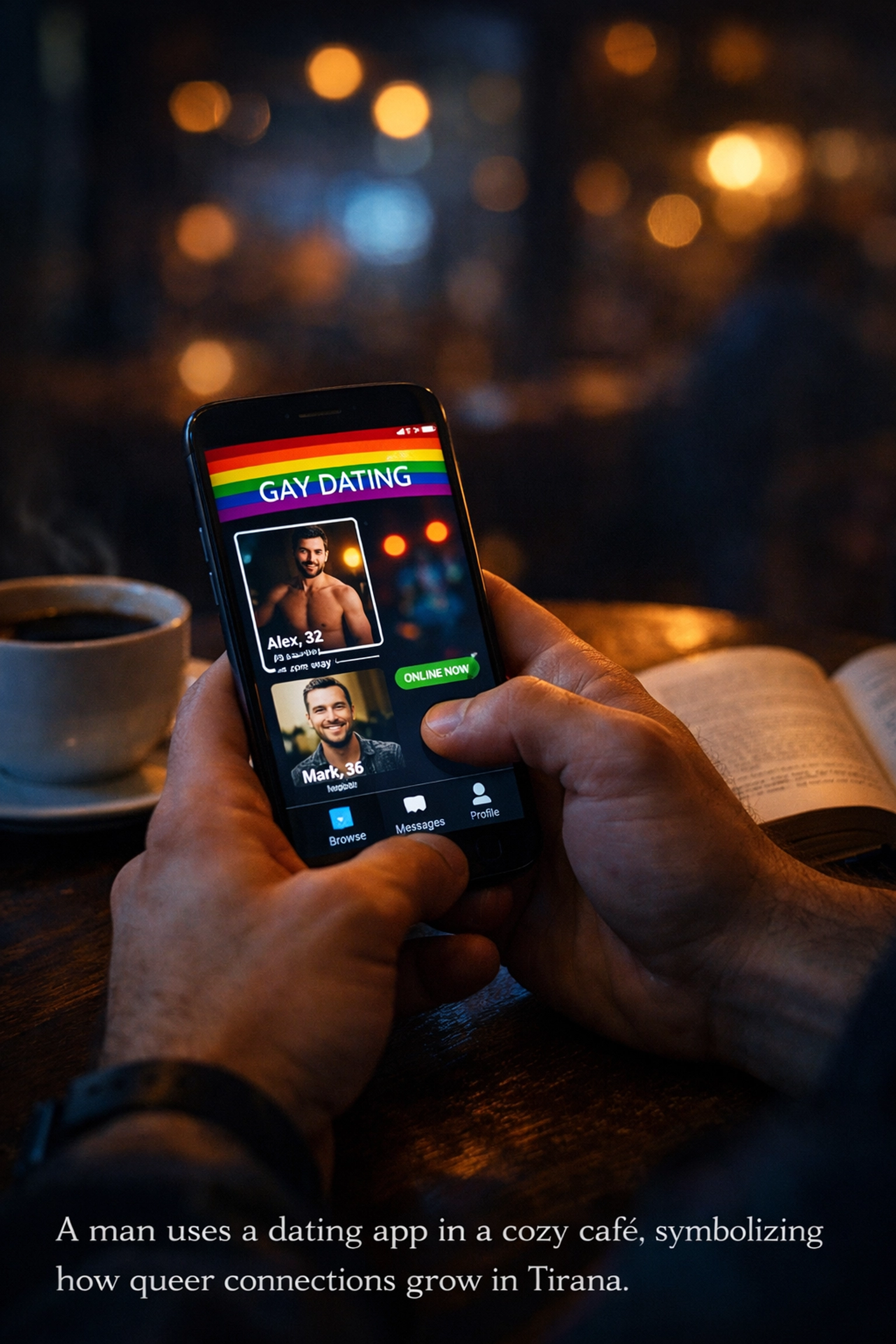 LGBTQ dating app on phone in Tirana café connecting Albania's gay community