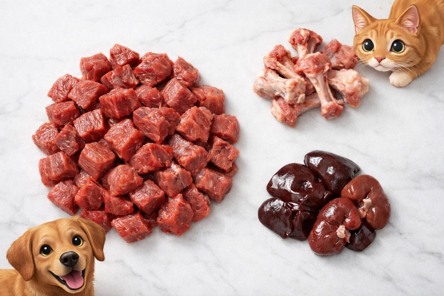 Minimalist overhead shot of fresh raw meat, bone & offal arranged to show the 80:10:10 ratio with playful Hear Me Raw cat & dog mascots