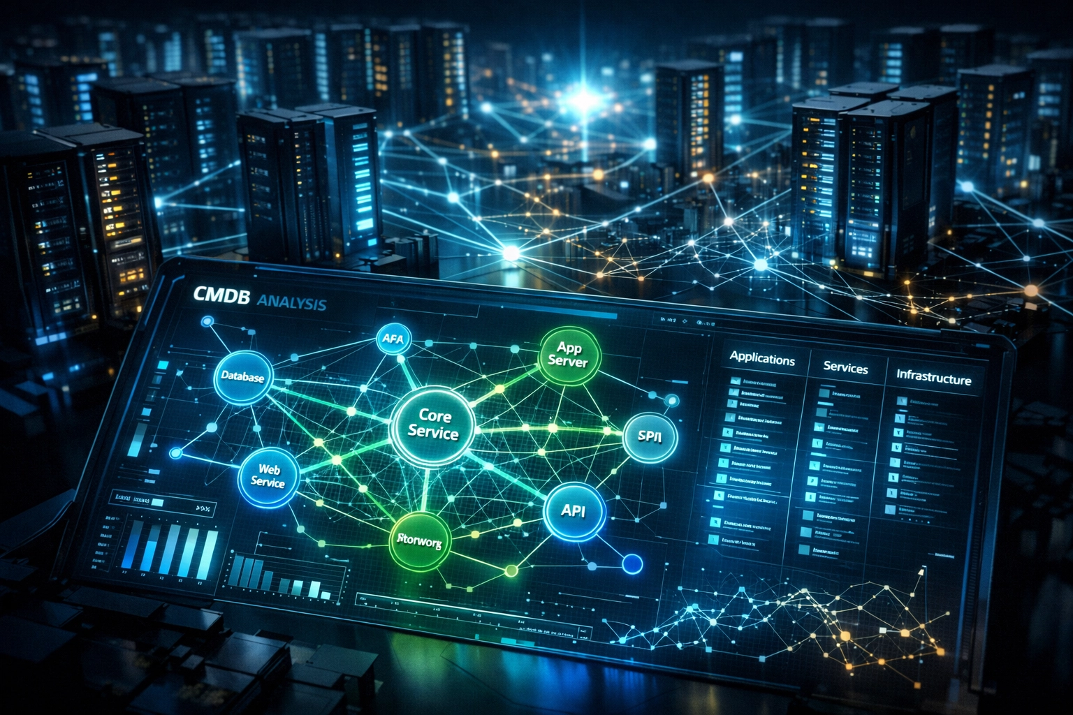 CMDB service mapping visualization showing interconnected infrastructure dependencies in ServiceNow ITOM