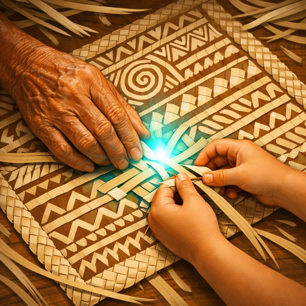 An elder and child weaving together to preserve Pacific Islander cultural traditions and heritage.