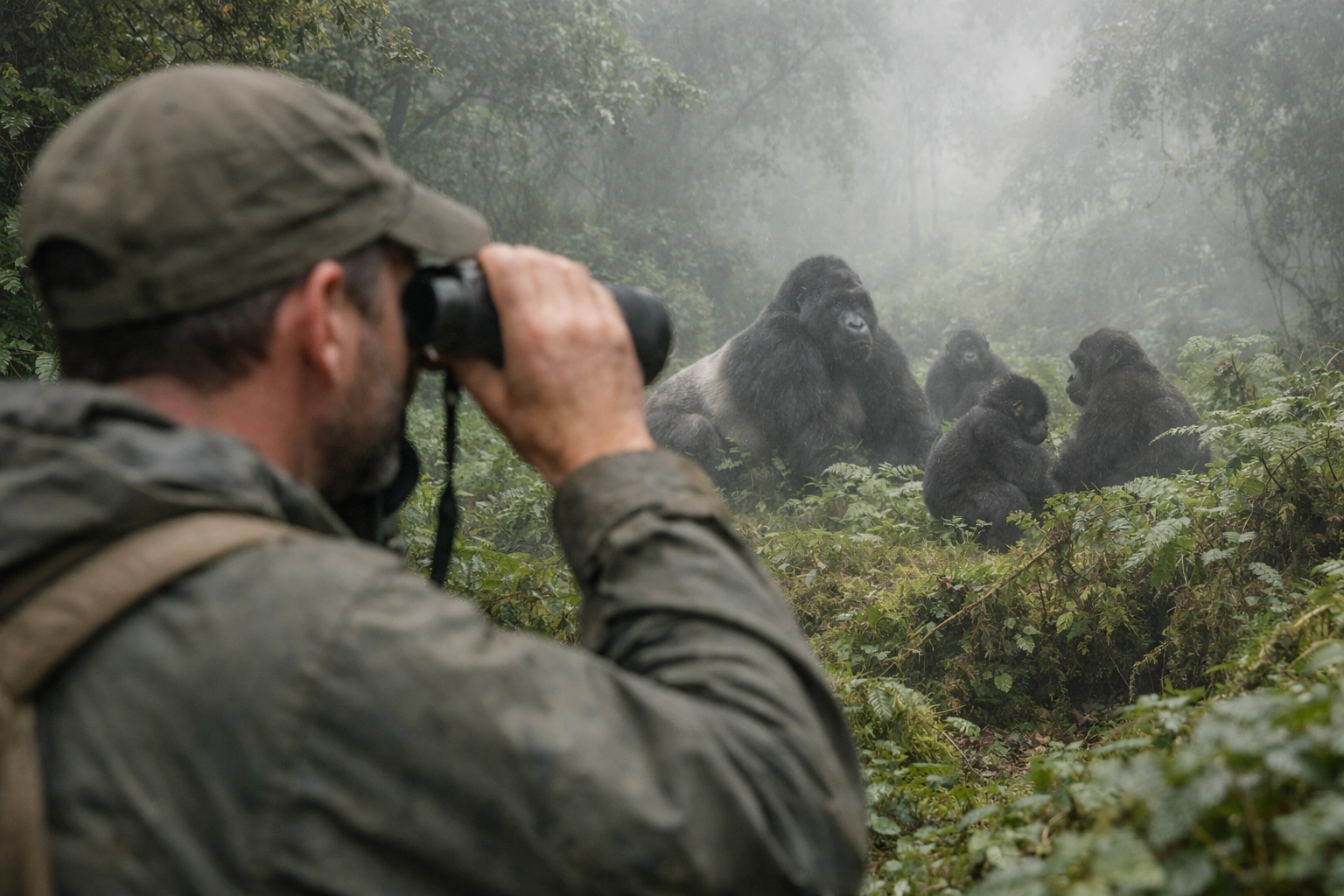 Conservationist observing mountain gorillas in a misty forest, showing the human connection to wildlife.