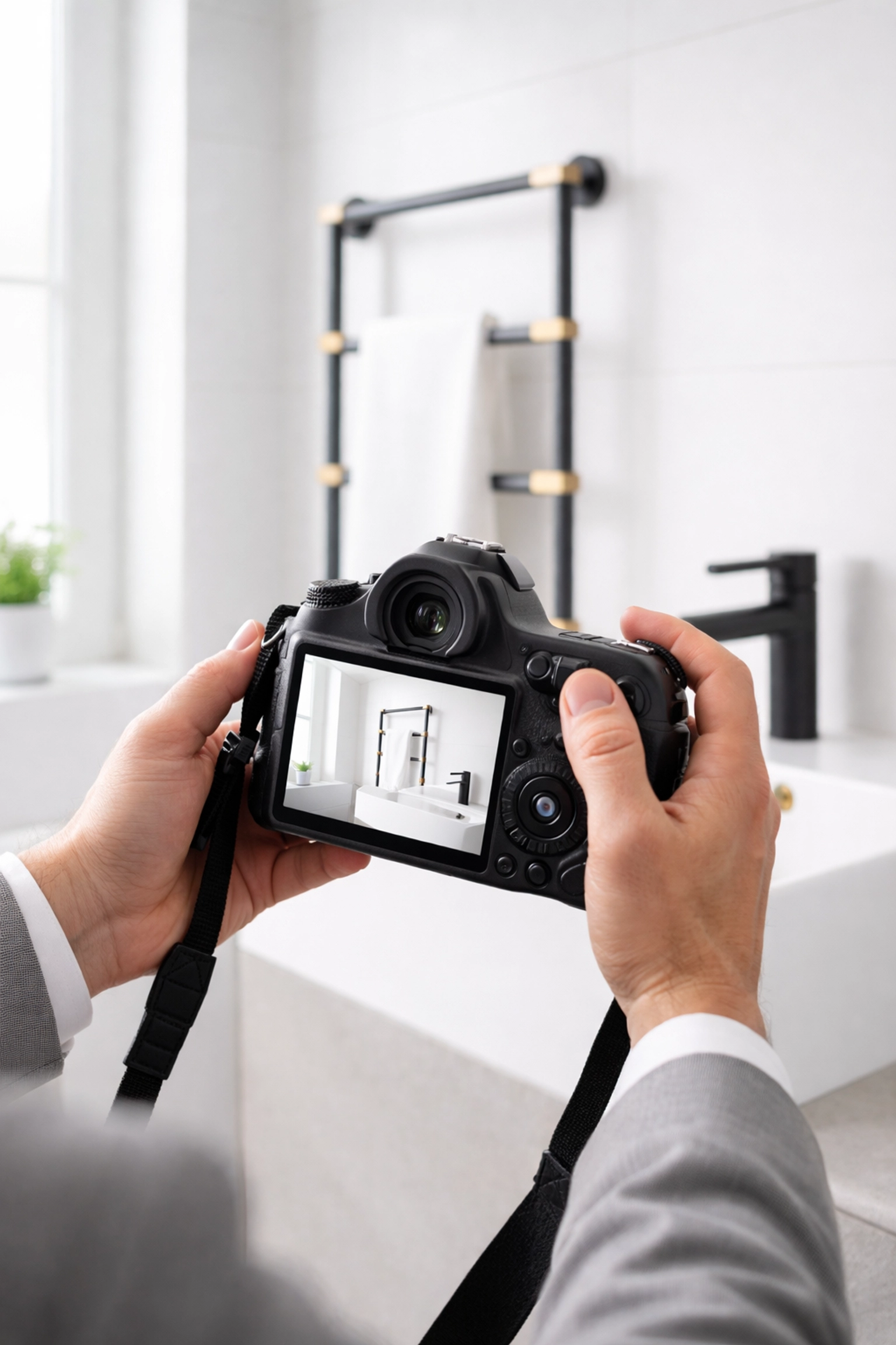 Property inventory clerk photographing bathroom corner, demonstrating detailed damp and mould documentation
