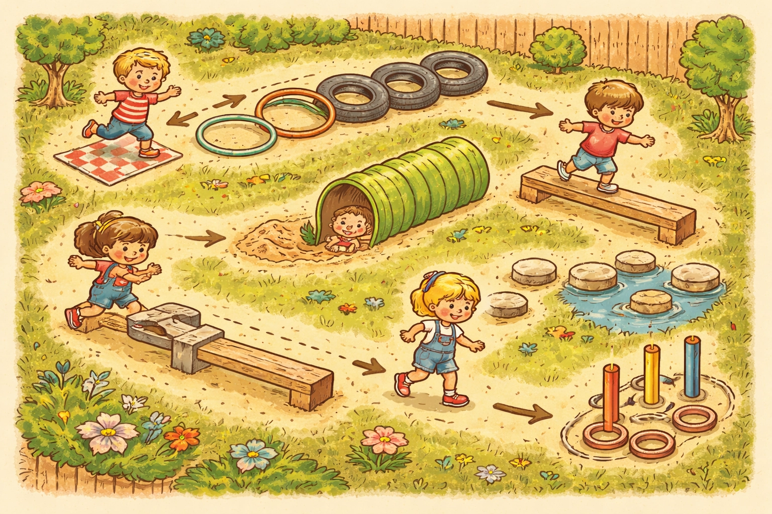 Bird's eye view of a kid-friendly backyard obstacle course with tires, tunnels, and stepping stones