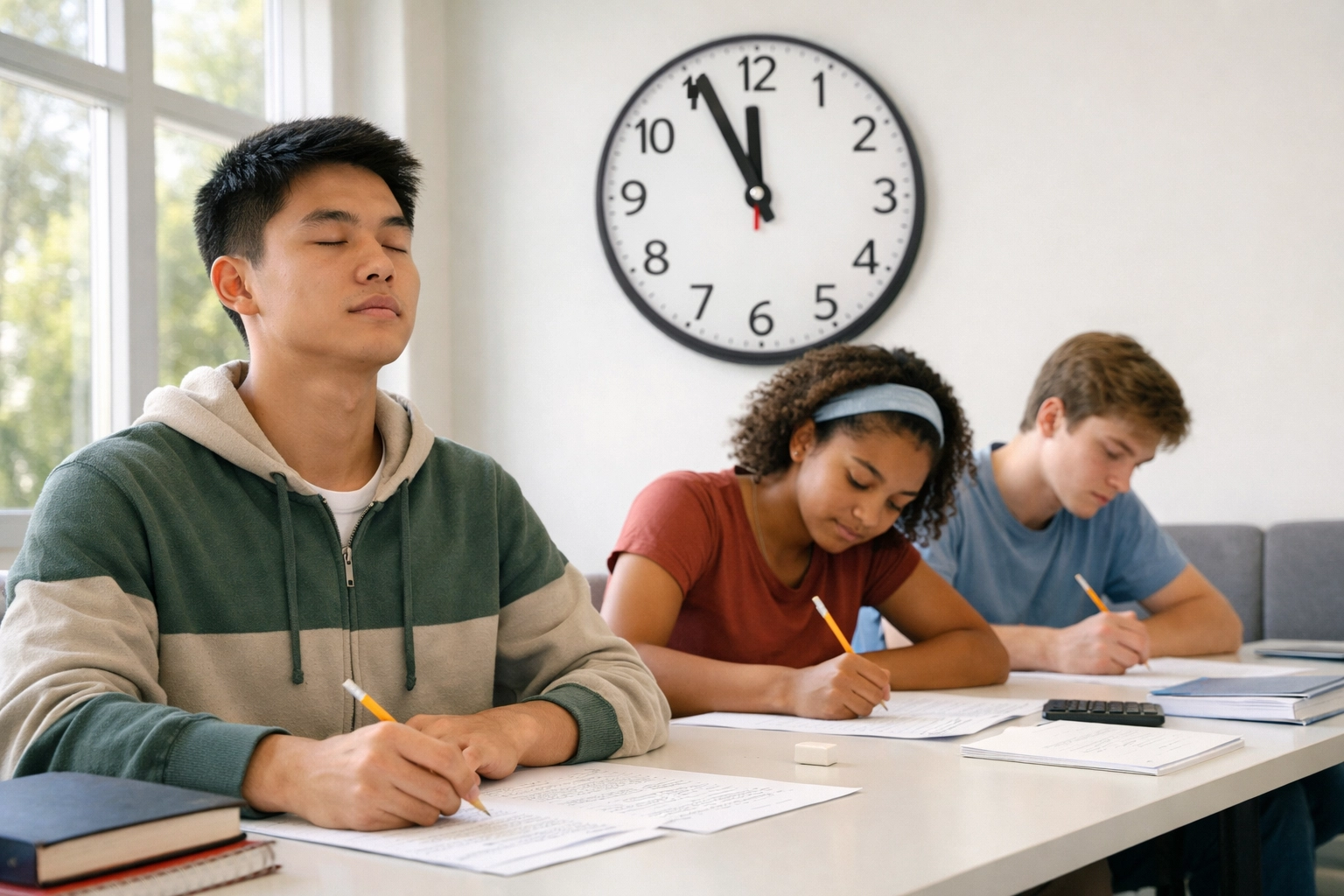 High school students practicing SAT strategies calmly during timed study session