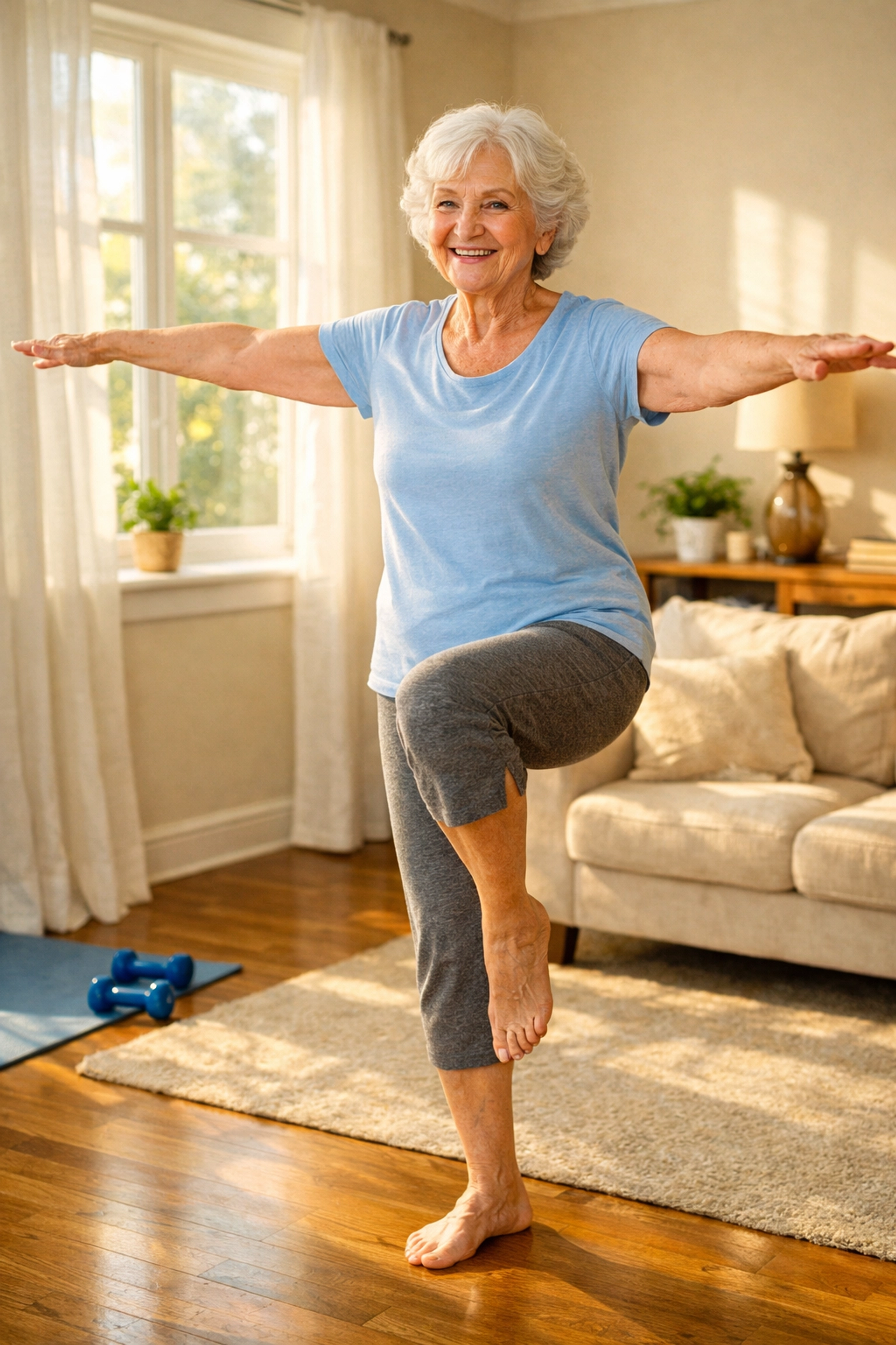 Senior woman practicing one-leg balance exercise in sunny living room for fall prevention