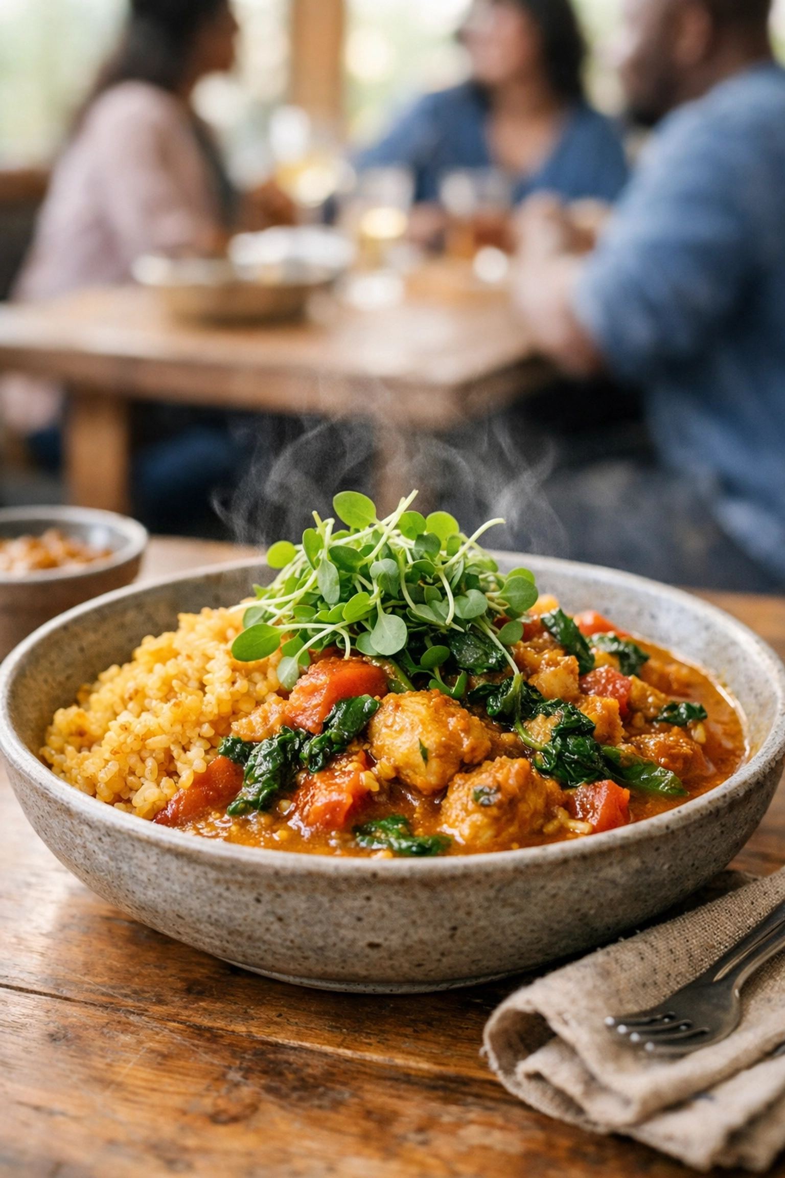 A vibrant East African-inspired stew served with soft, layered chapati at a community event.