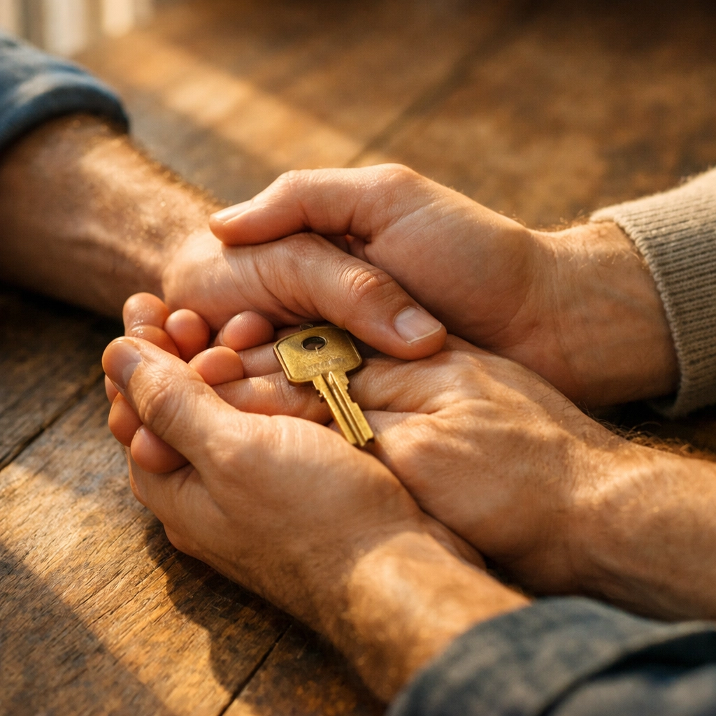 Two men holding apartment key symbolizing gay commitment and moving in together