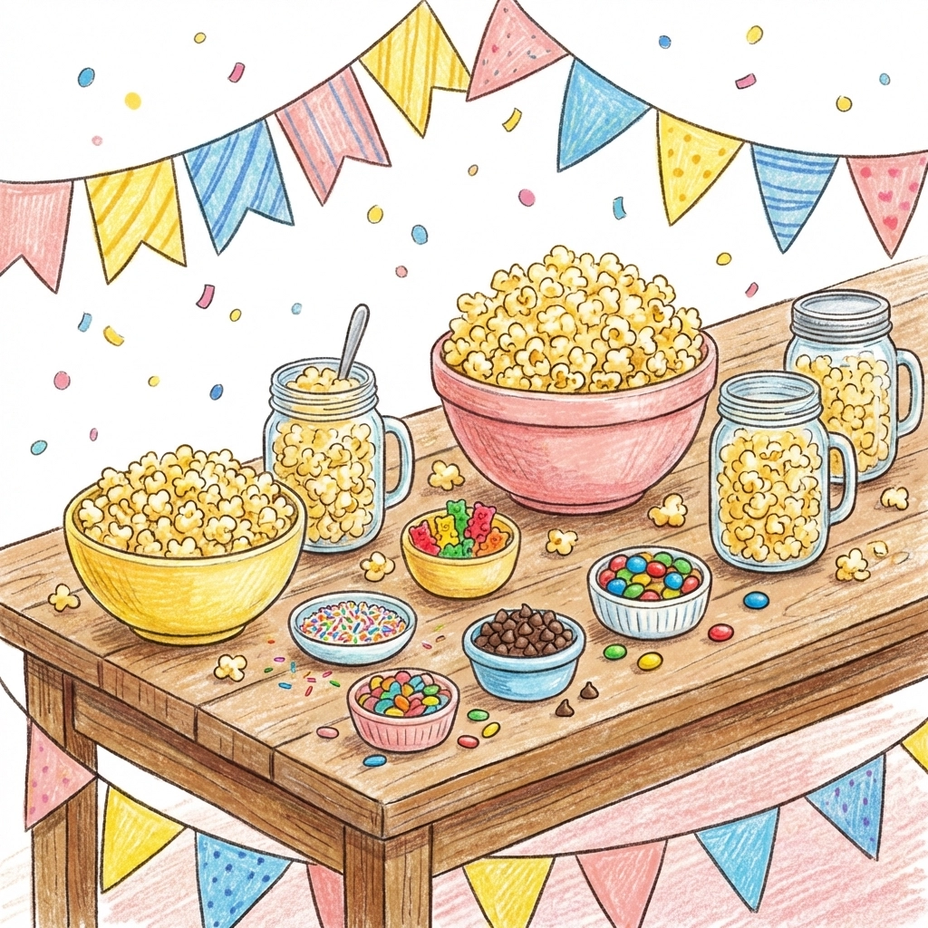 Festive cartoon popcorn bar at a party with gourmet popcorn, toppings, and colourful decorations for events.