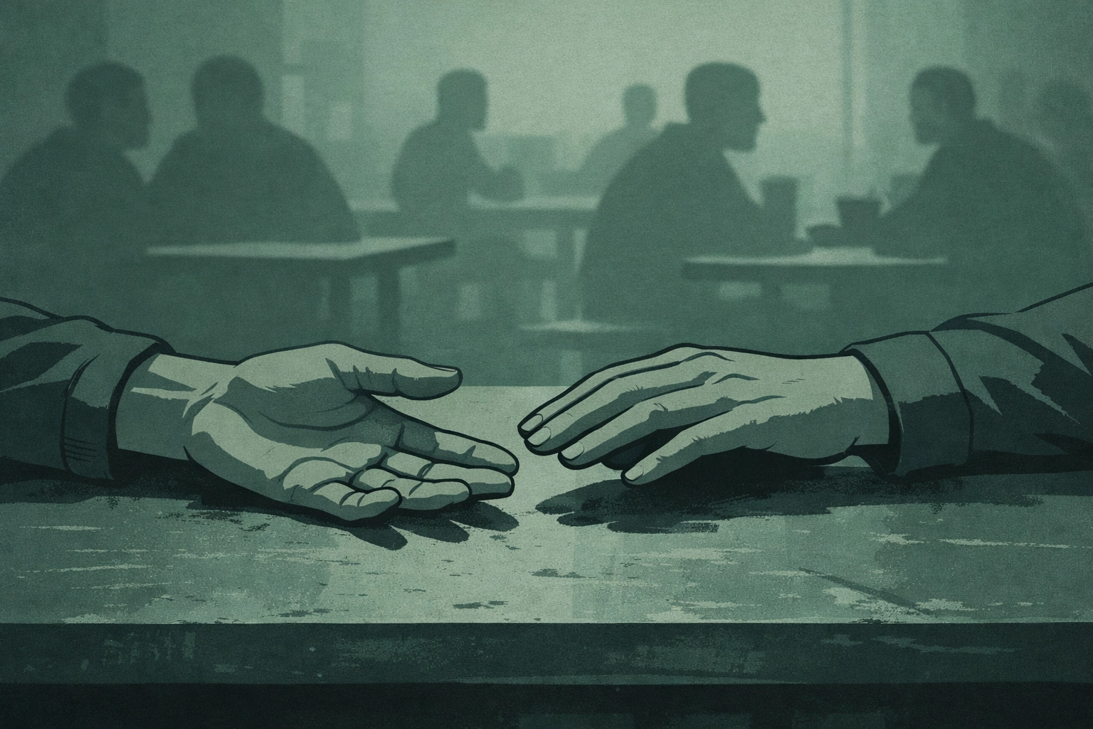 Male inmates' hands nearly touching across table showing risky prison connection