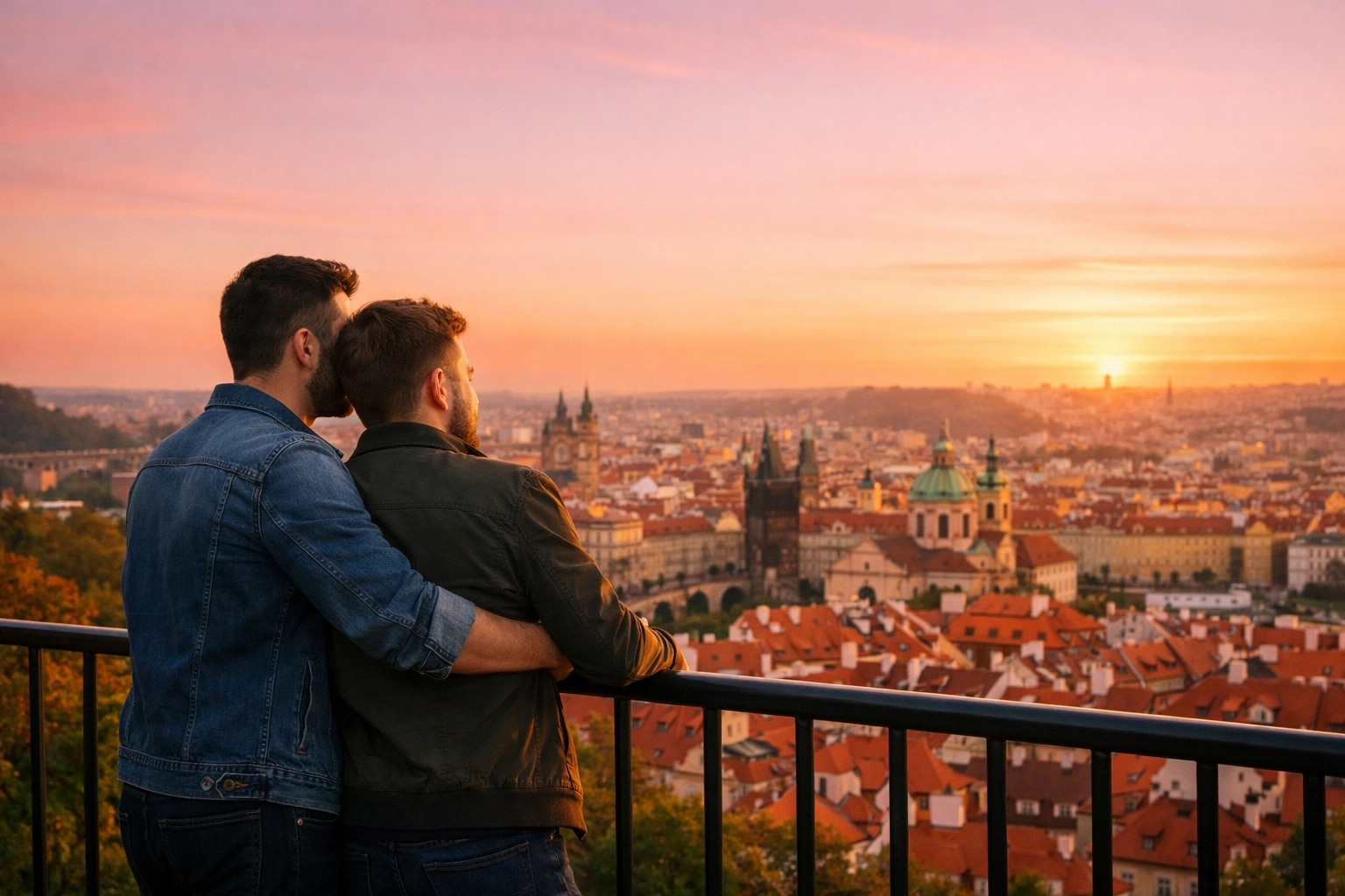 Gay couple embracing while viewing the sunset over the city of Prague from Petřín Hill.