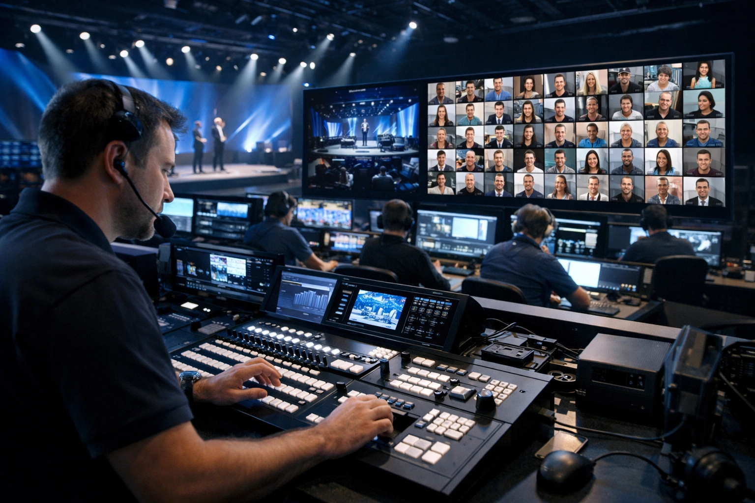 Professional technician managing a global hybrid event and creative production from a high-tech control room.