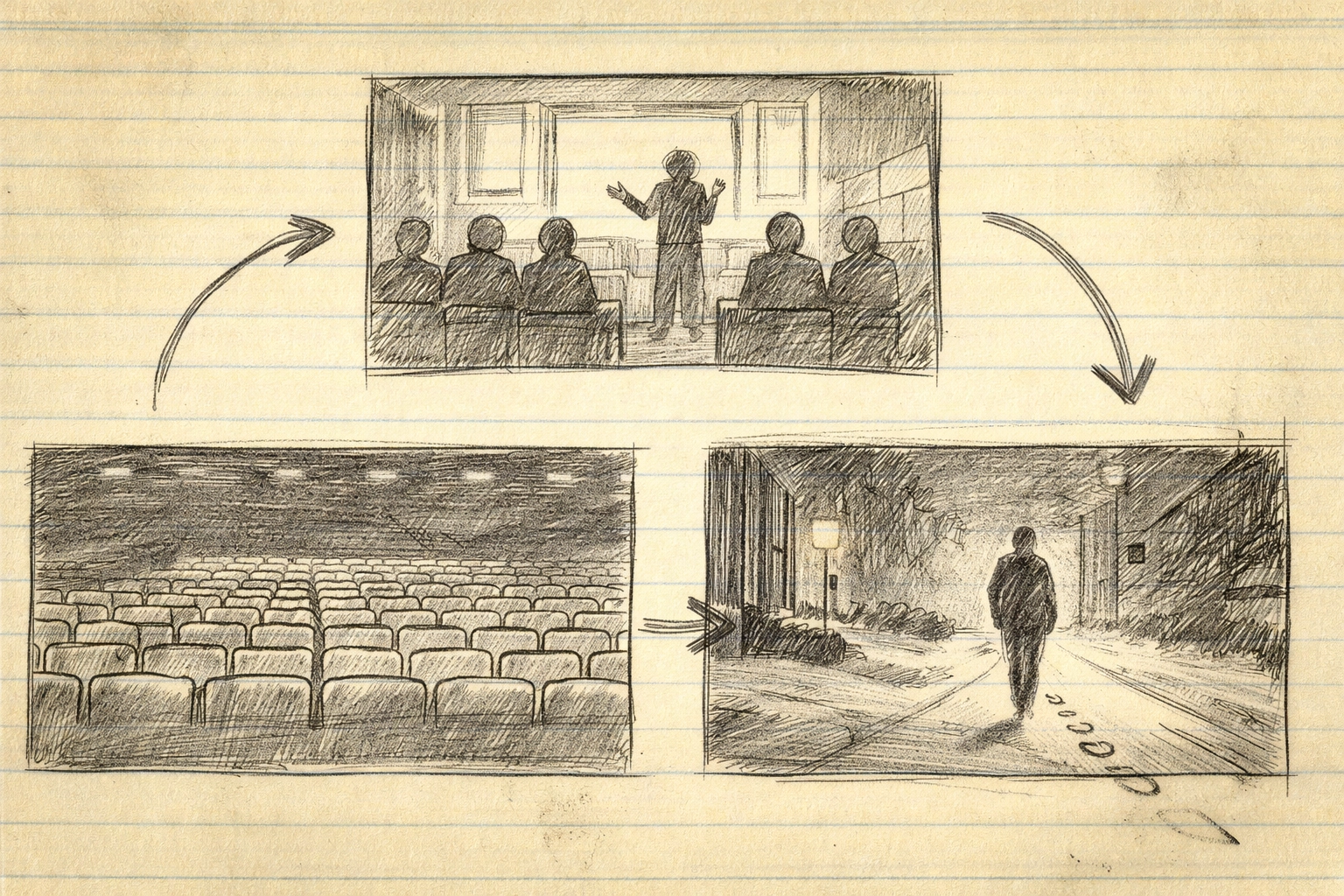 Storyboard sketch showing cultural participation: empty theater, living room poetry gathering, solitary walk