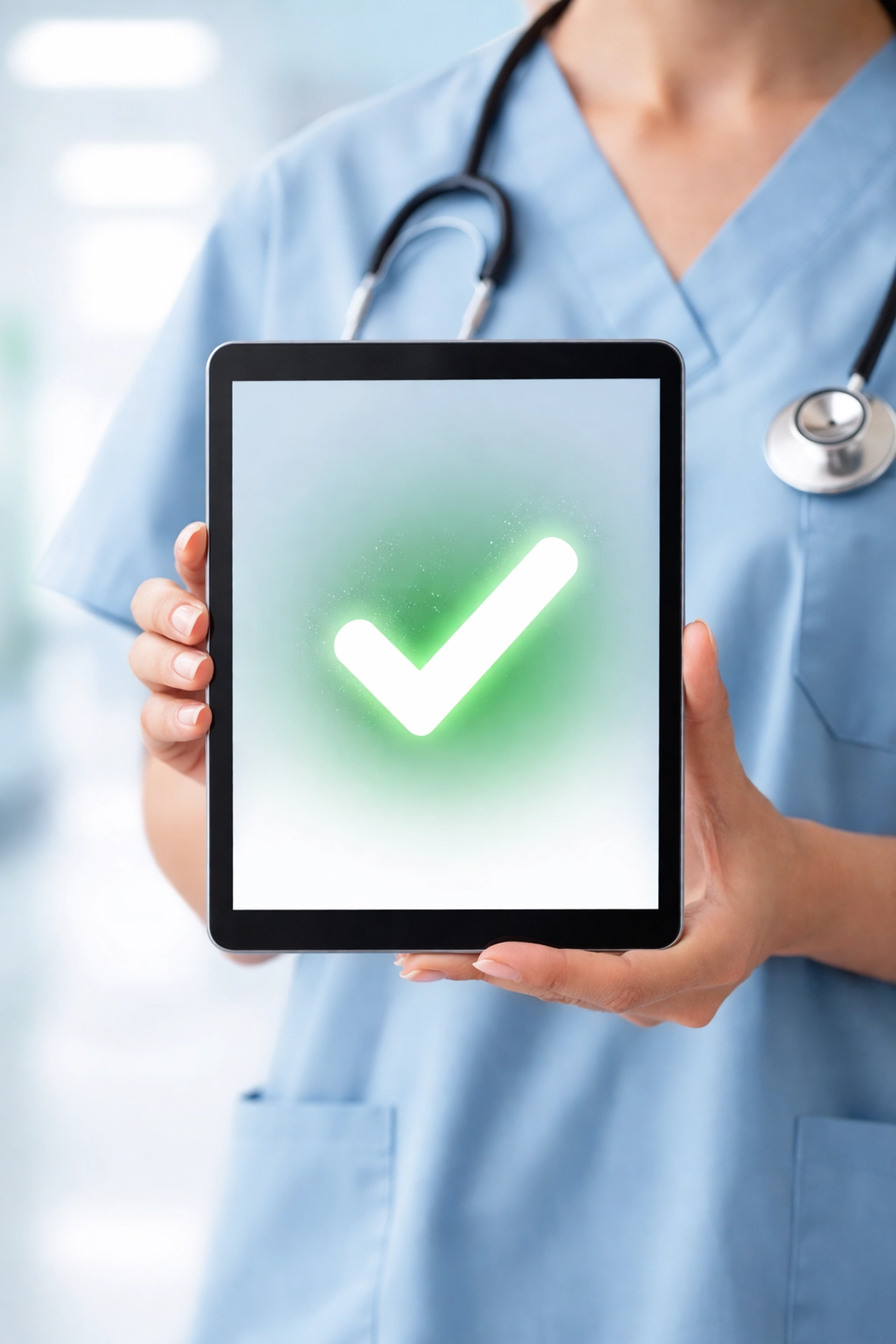 Healthcare professional holding a tablet with a green checkmark, illustrating instant Medicare documentation compliance