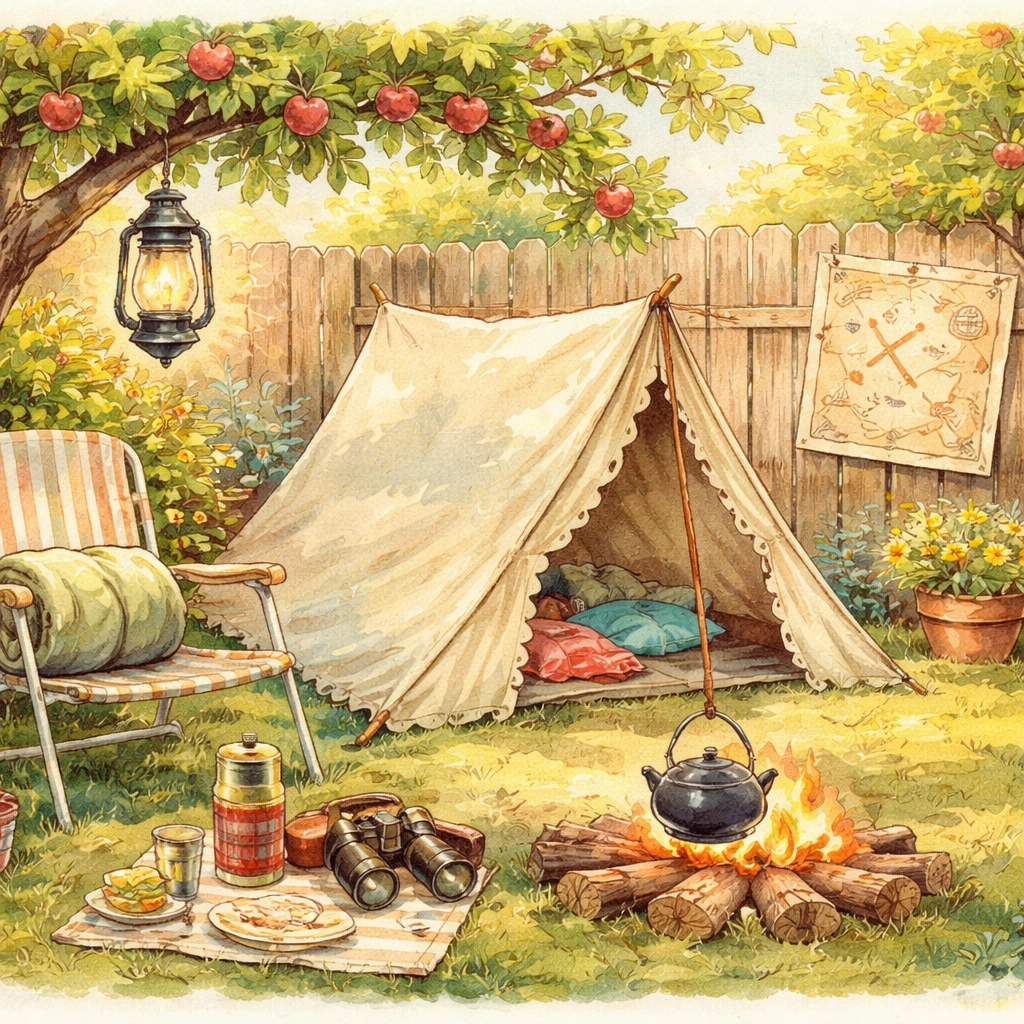 A cozy backyard campsite with a tent and camping gear showcases ideas for a family camping scavenger hunt setup.