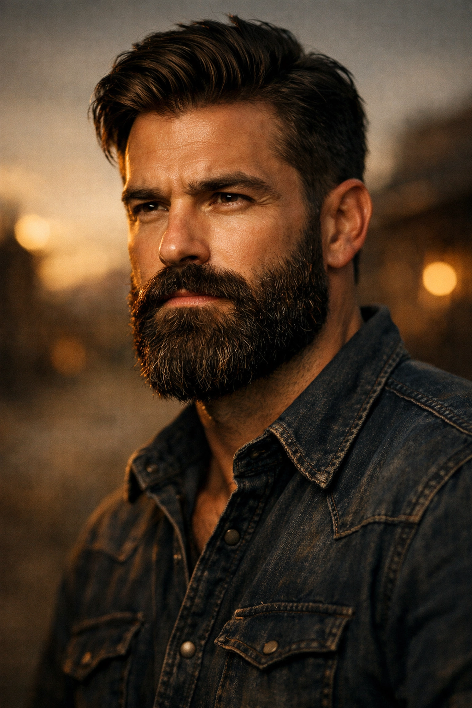 Confident man with a thick, well-groomed beard styled with premium fragrance products.