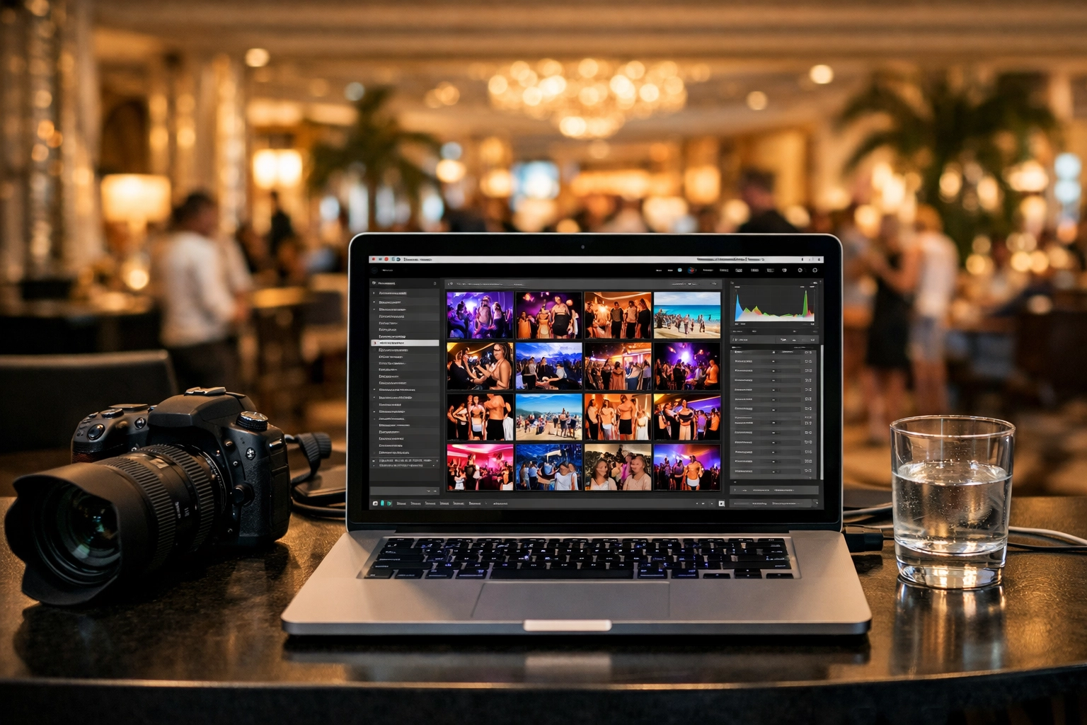 Commercial photographer Miami editing event photos at a workstation in a luxury hotel lobby.