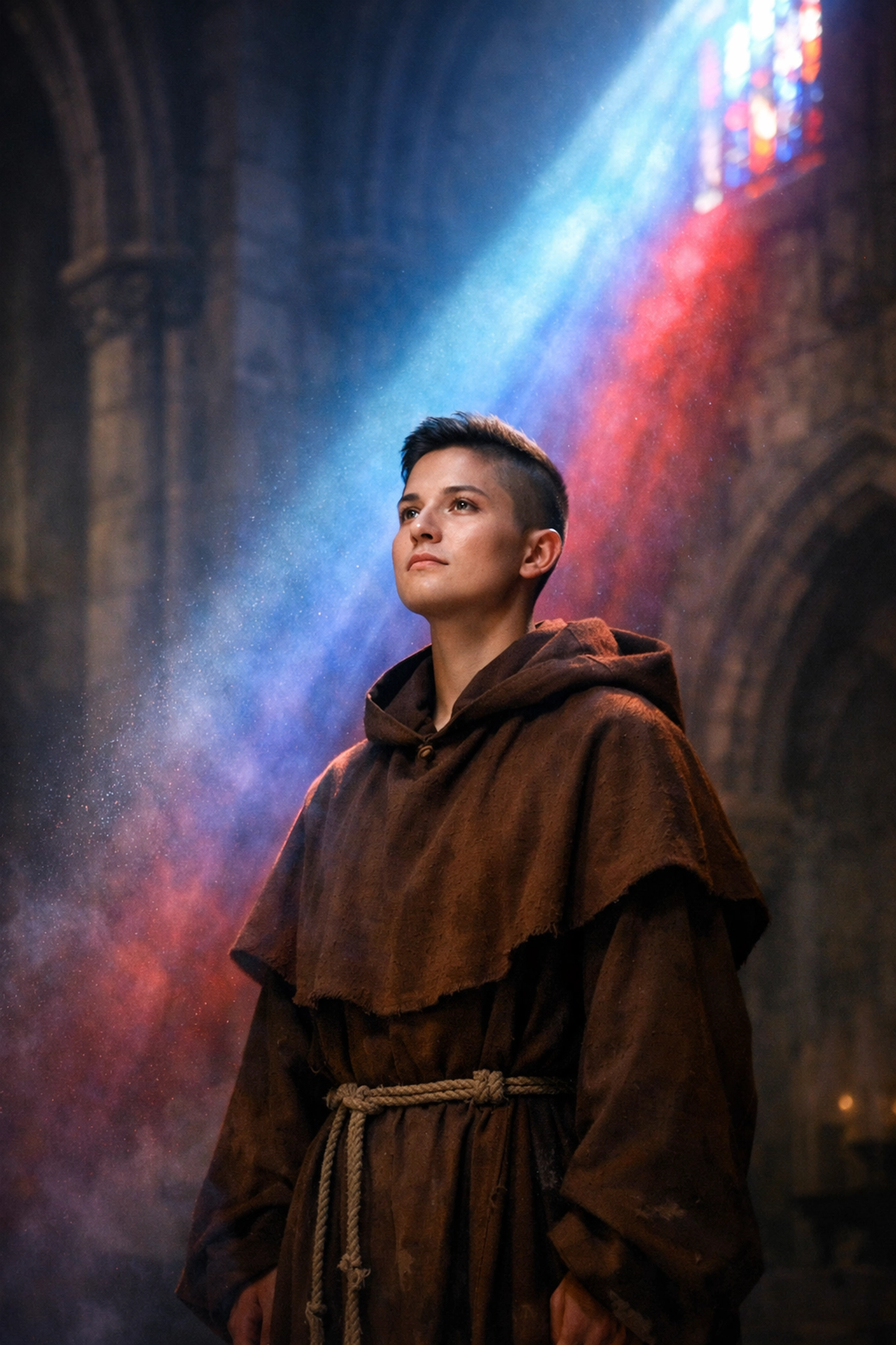 Transmasculine monk in a medieval cathedral, representing the resilience and identity of queer monastics.