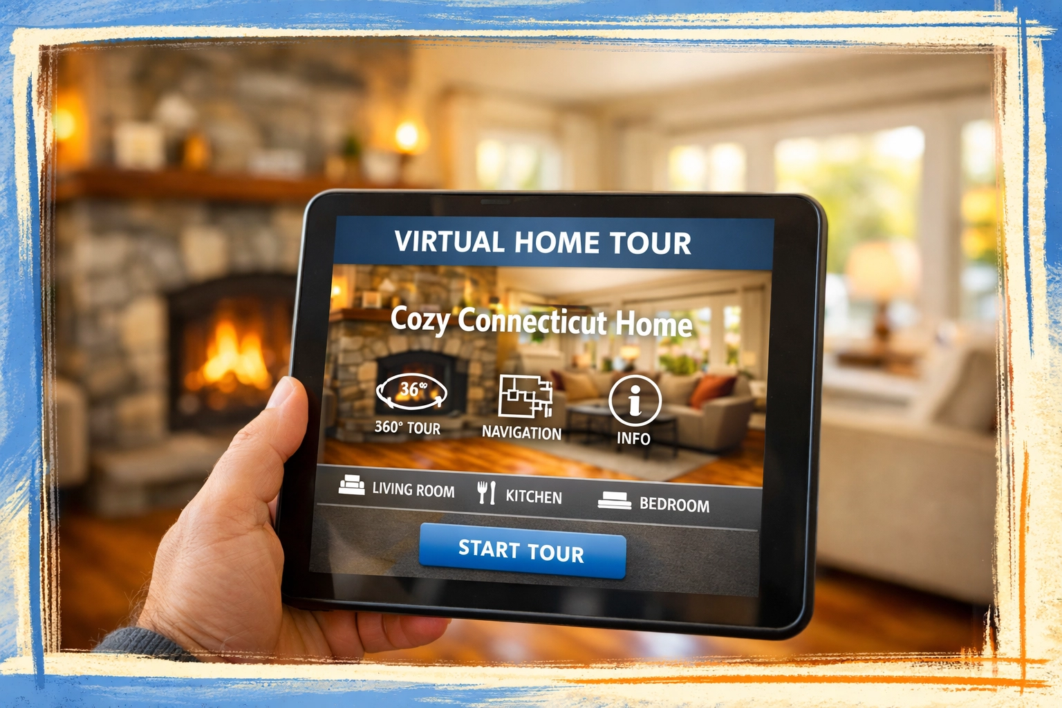 Virtual home tour on tablet showing Connecticut living room interior