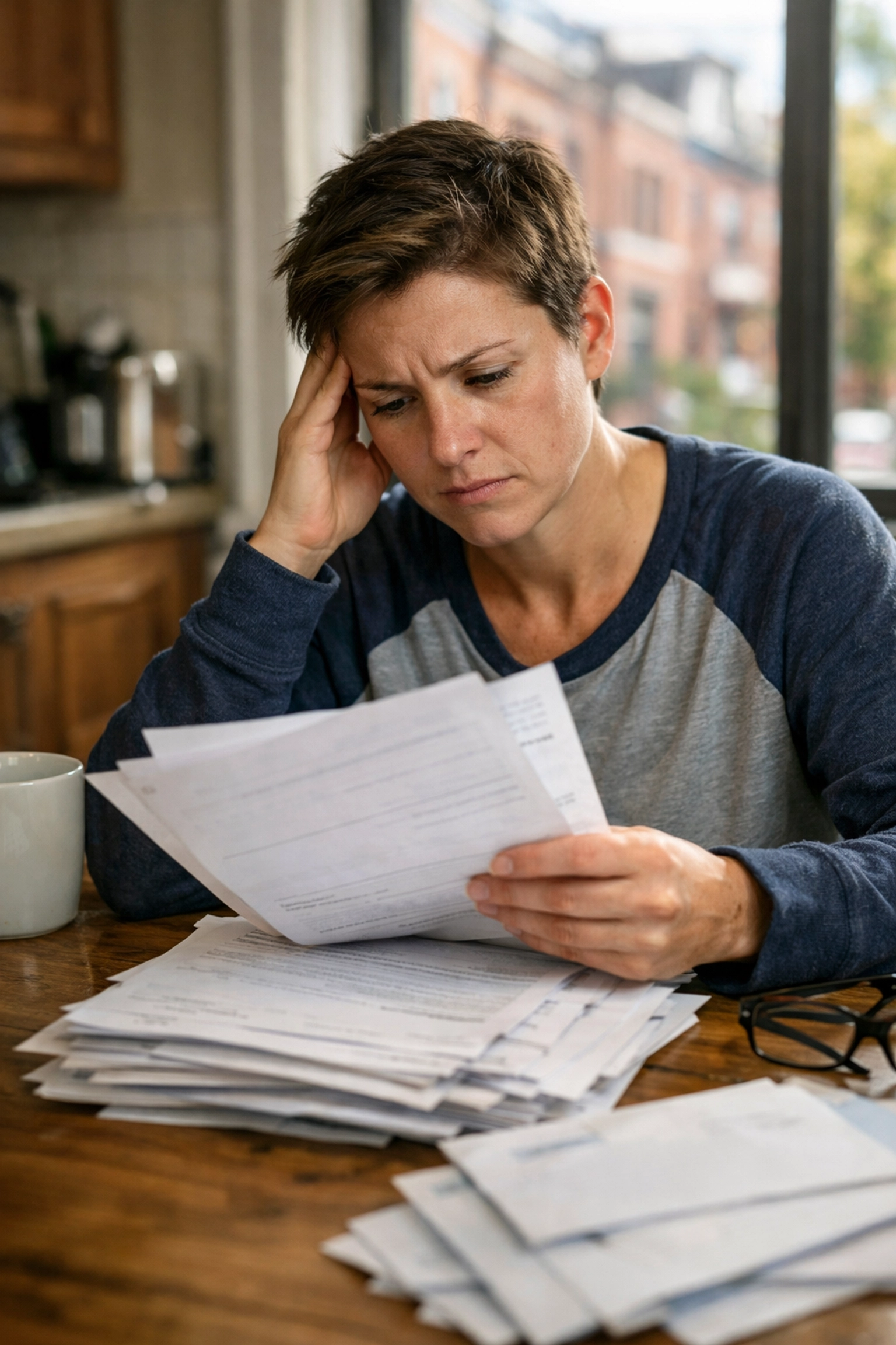A person in Boston reviewing medical bills and PIP insurance paperwork after a car accident.