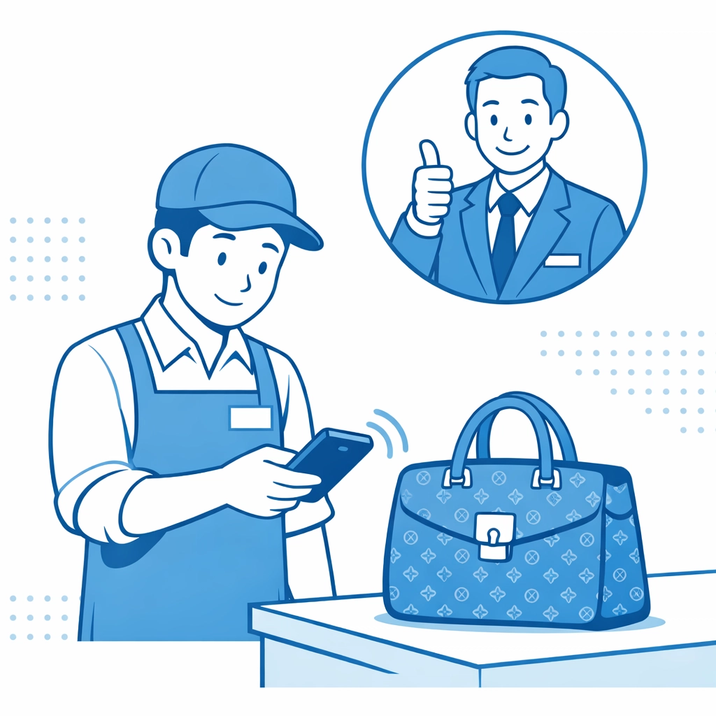 Staff using a smartphone app for expert luxury bag authentication in a resale store.