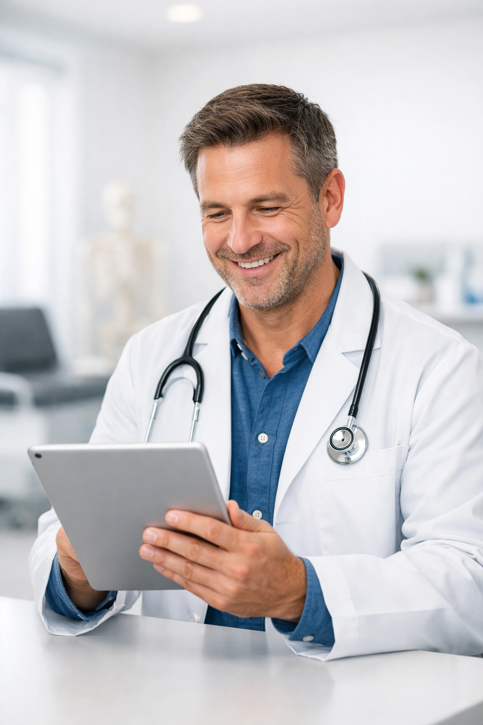 A licensed healthcare provider using a tablet to conduct an online medical weight loss consultation.