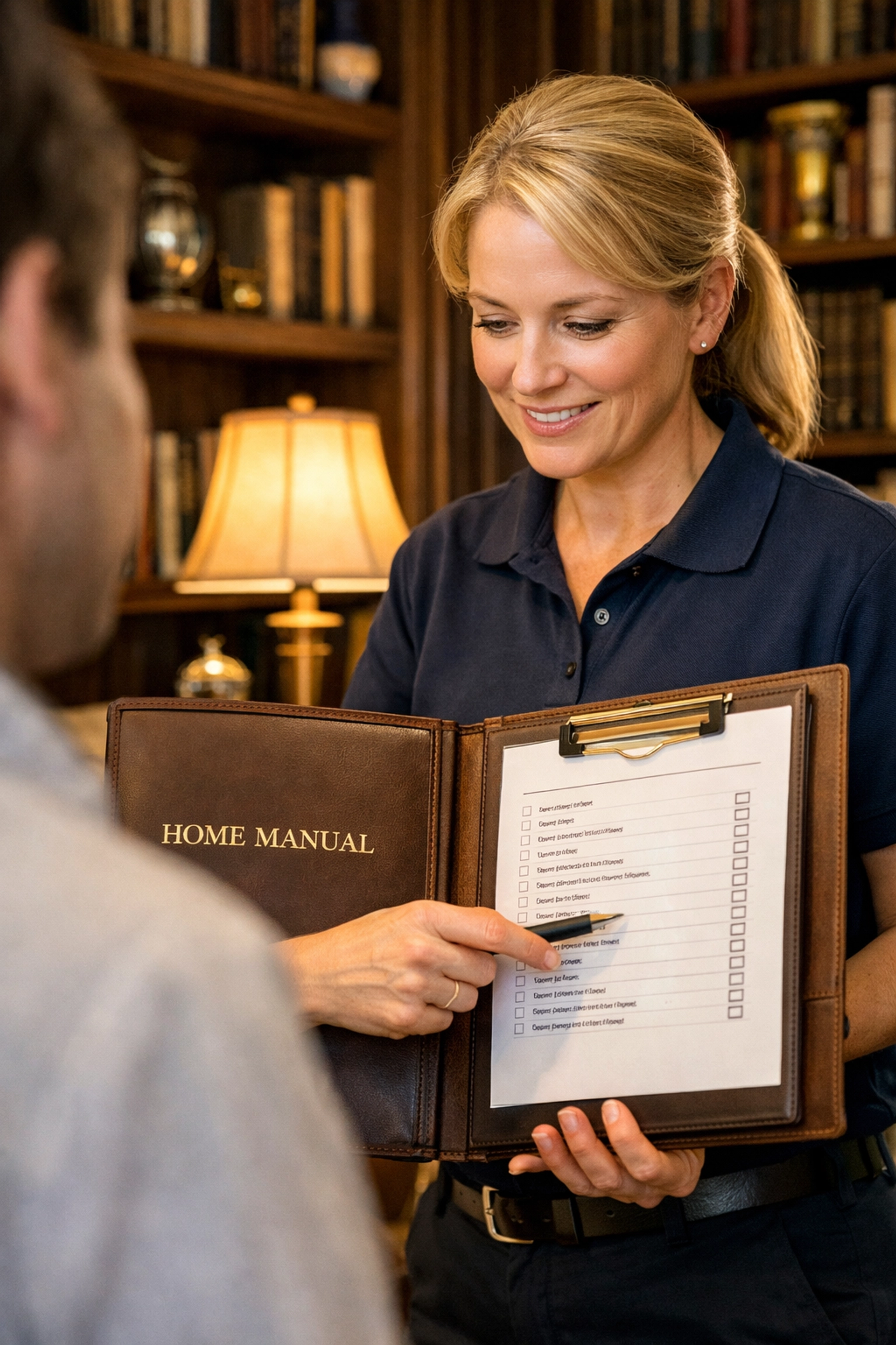 A professional luxury house cleaning expert creating a custom maintenance plan in a Weston home library.