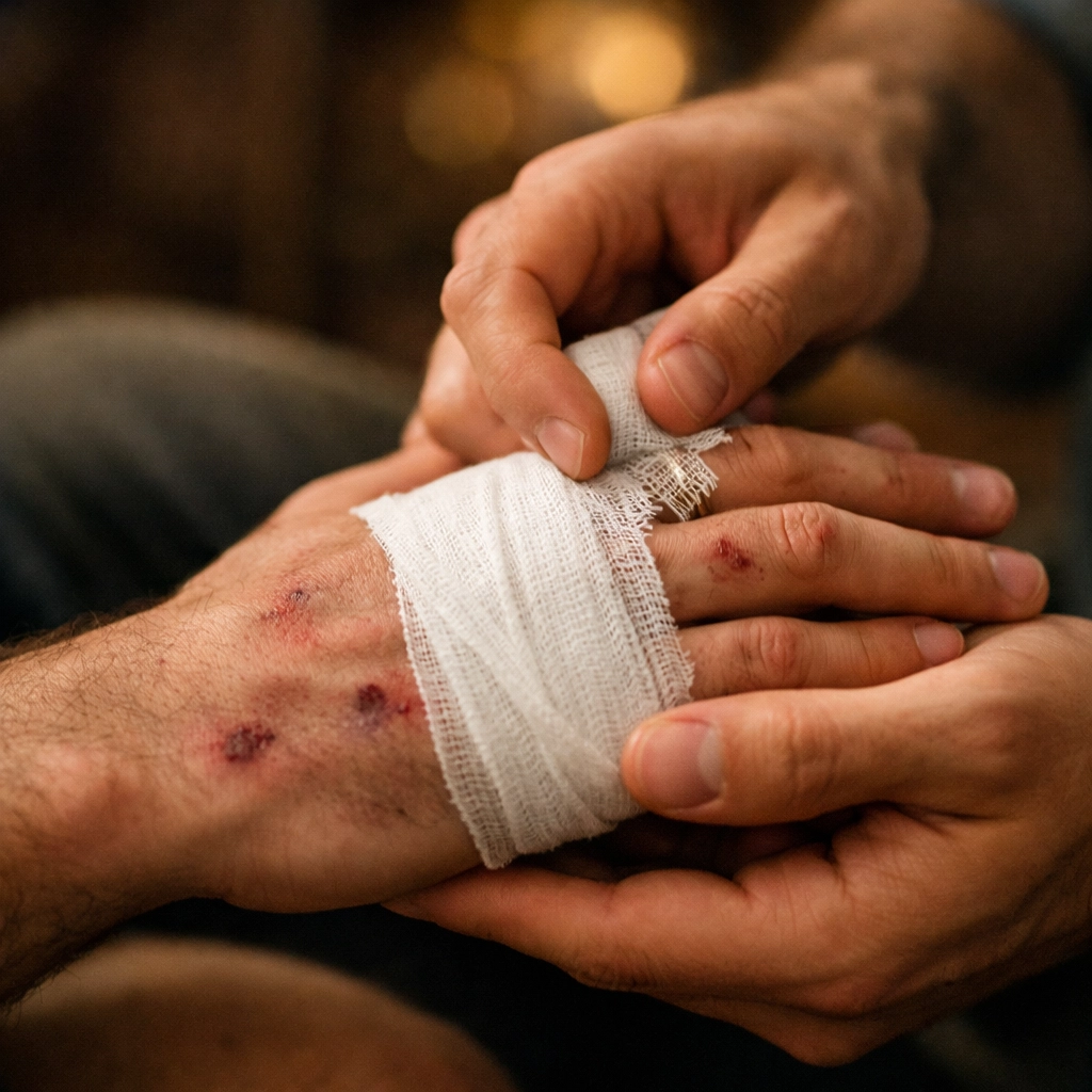 Tender moment as one man bandages another's hand - gay romance trust and vulnerability