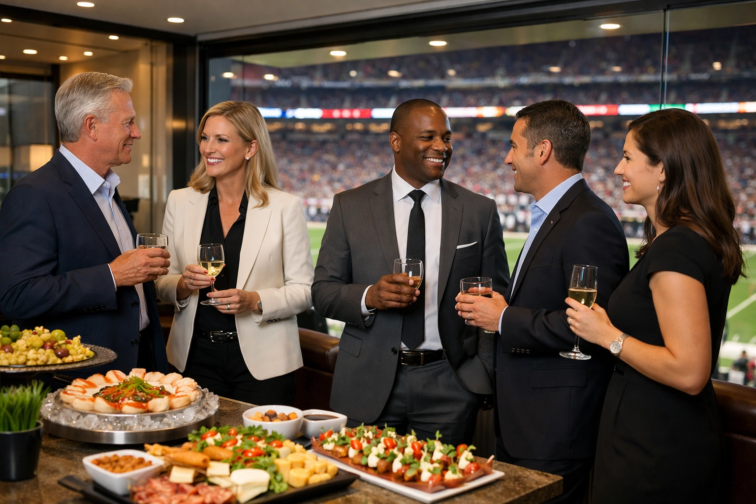 Executives networking in a luxury stadium suite during a high-profile corporate hosting event.