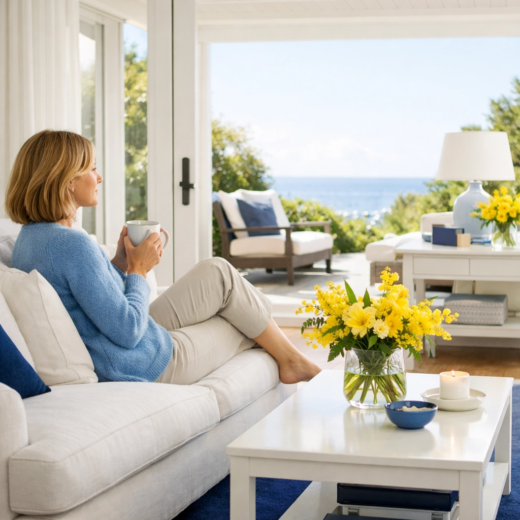 Homeowner relaxing in a clean living room after professional recurring cleaning services.