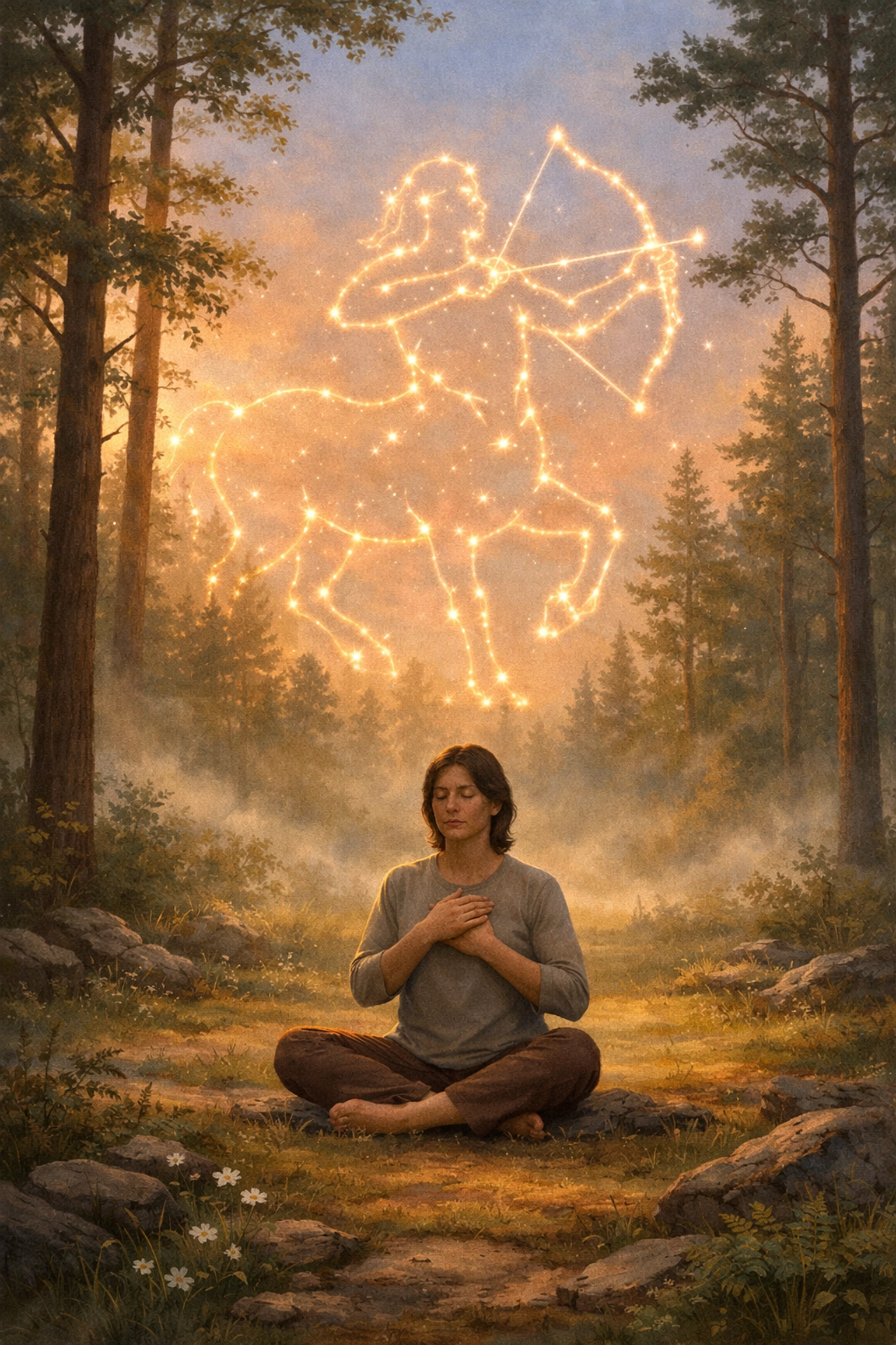 Meditating in a peaceful forest with a Chiron constellation symbol for emotional healing and self-forgiveness.