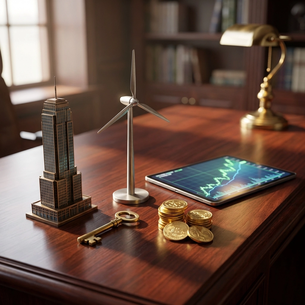 Assorted investment symbols including a skyscraper, gold coins, wind turbine, and tablet with growth charts, highlighting the diverse assets in a 40/30/30 portfolio.