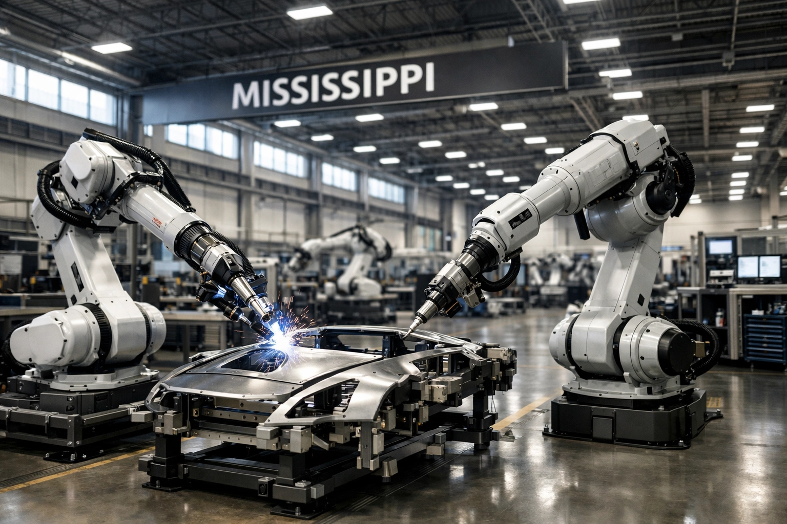 Modern Mississippi manufacturing facility with robotic arms representing industrial business growth.