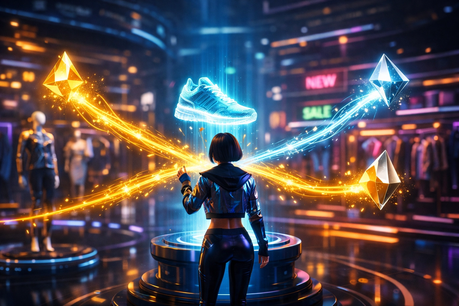 Automated multi-party revenue splits in a metaverse boutique using Larecoin AI smart contracts.