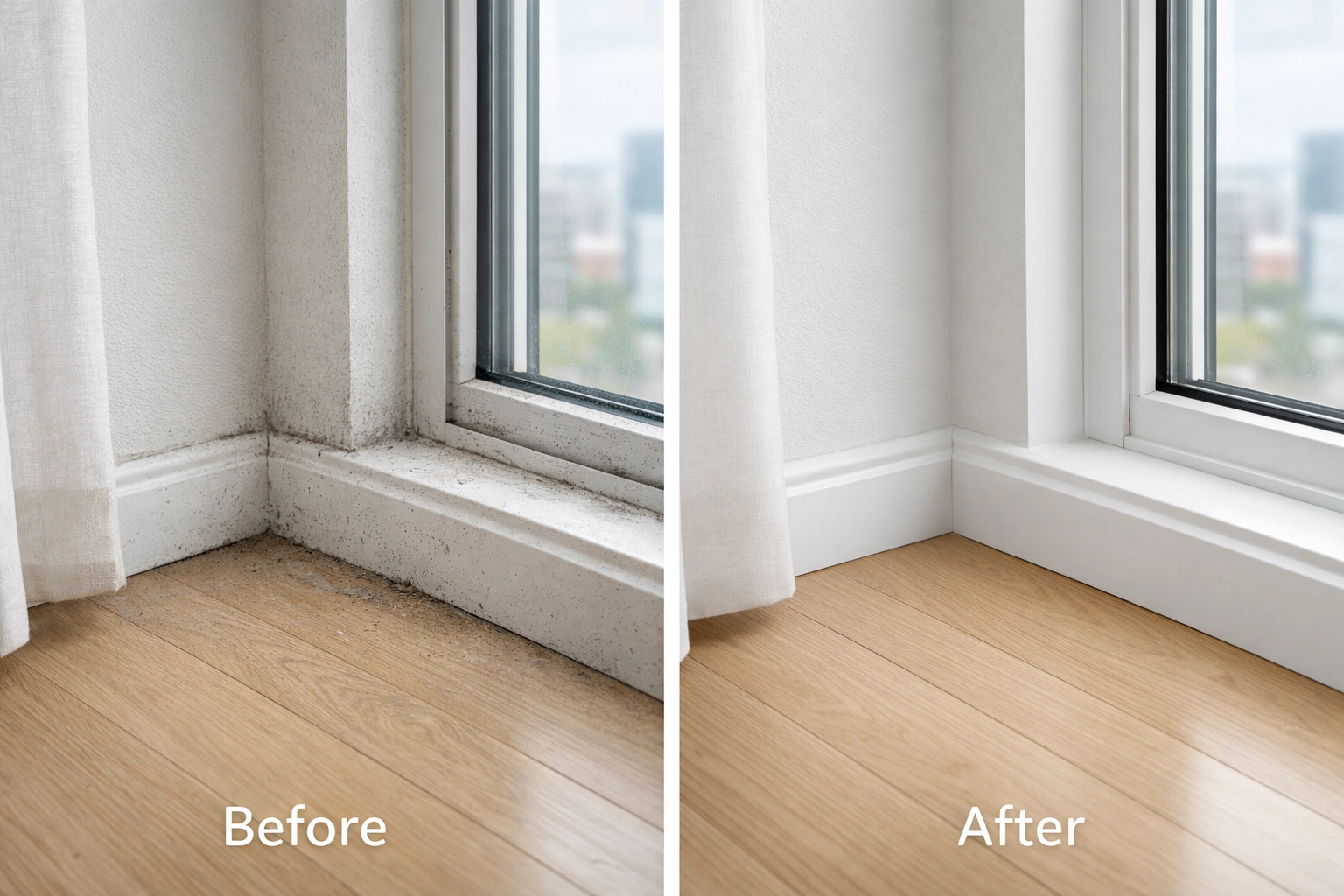 Before and after comparison showing apartment transformation through professional turnover cleaning