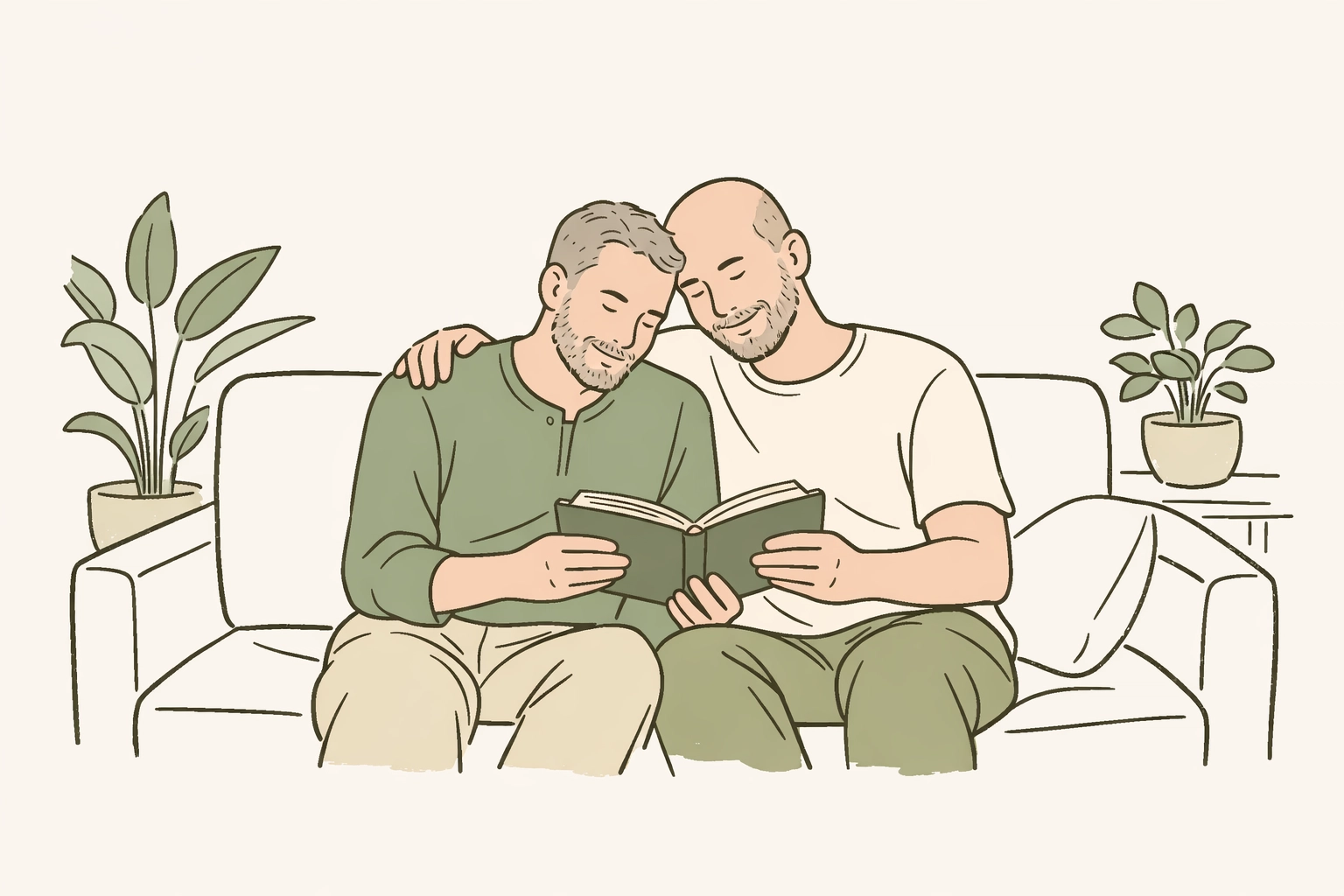 A gay couple in their 40s reading together, embracing the quiet comfort of their authentic life.
