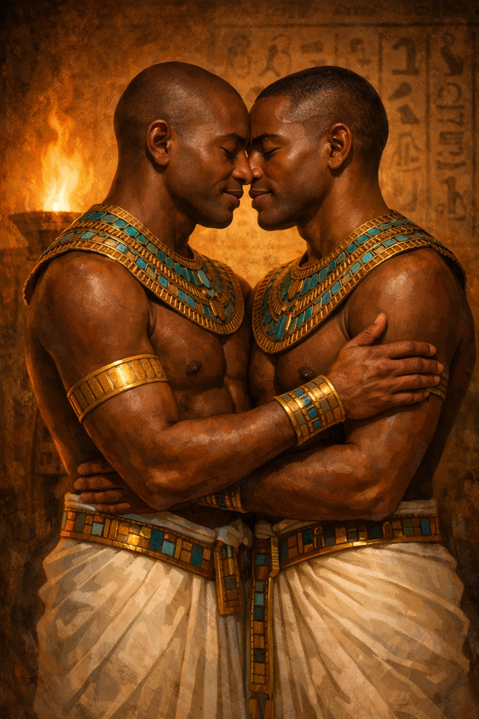 Ancient Egyptian men in a romantic embrace, illustrating pre-colonial same-sex love in Africa.