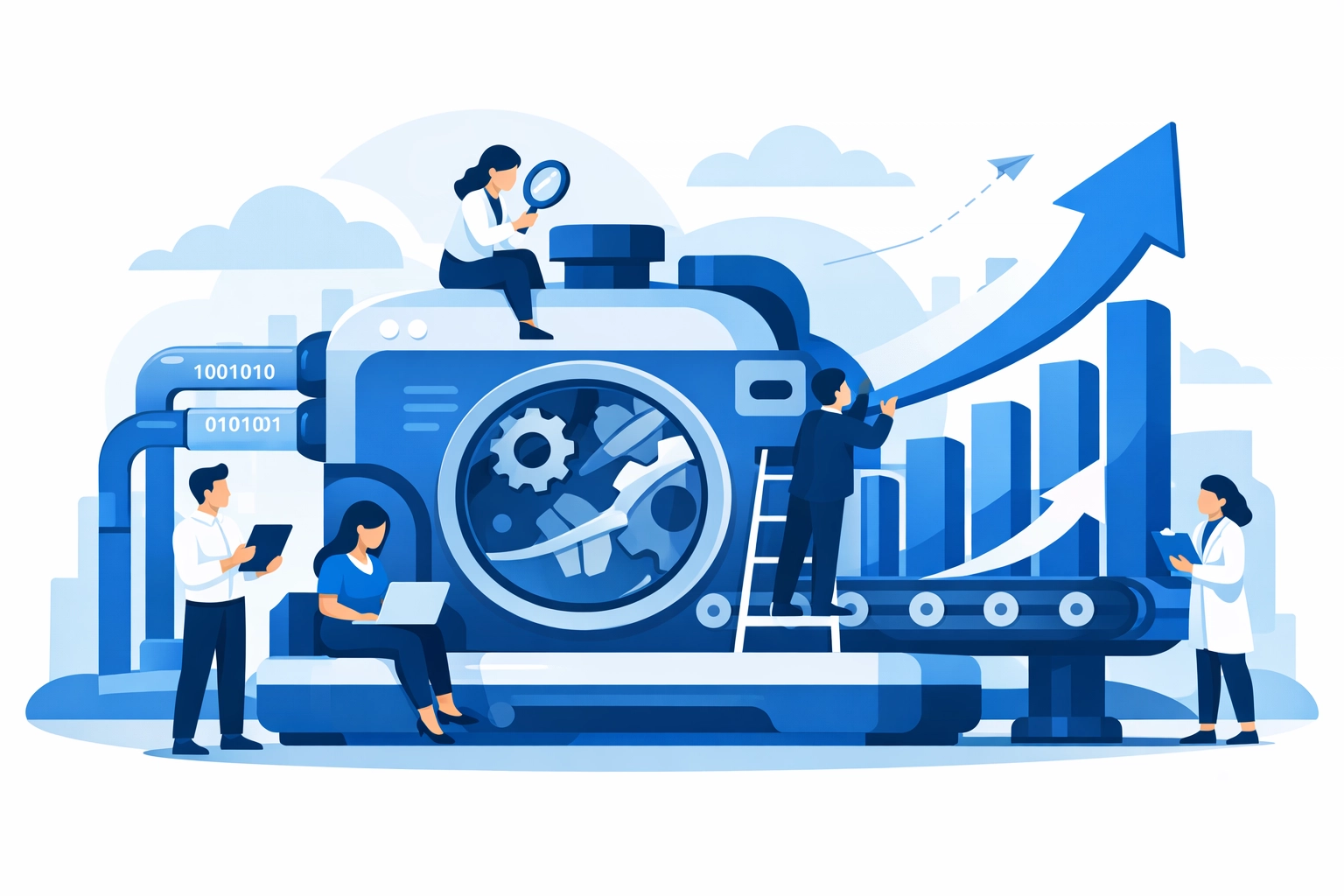 A business growth engine illustration representing data-driven local SEO metrics and revenue tracking.