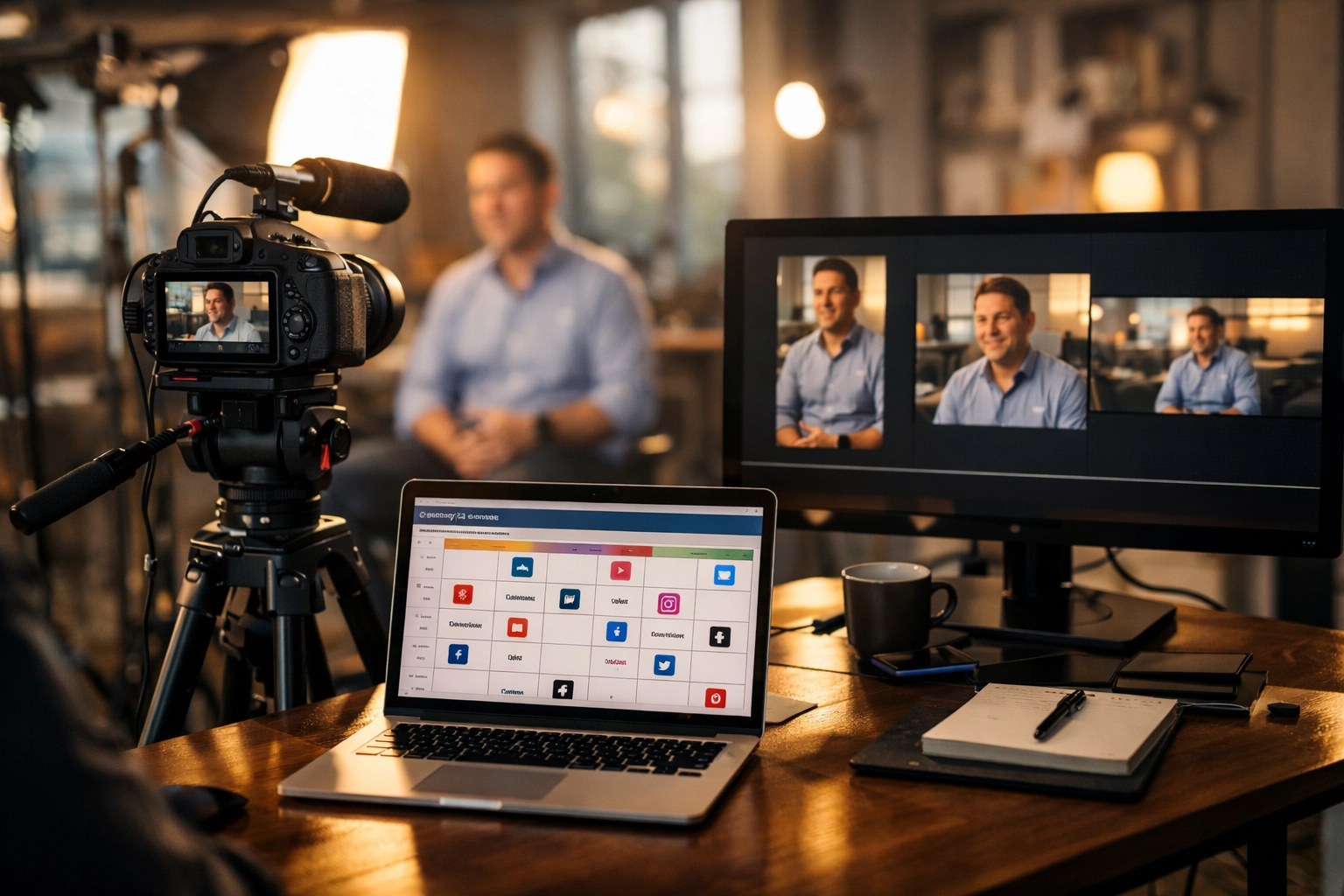 Professional video production setup with camera, laptop showing content calendar, and monitor displaying multiple video formats