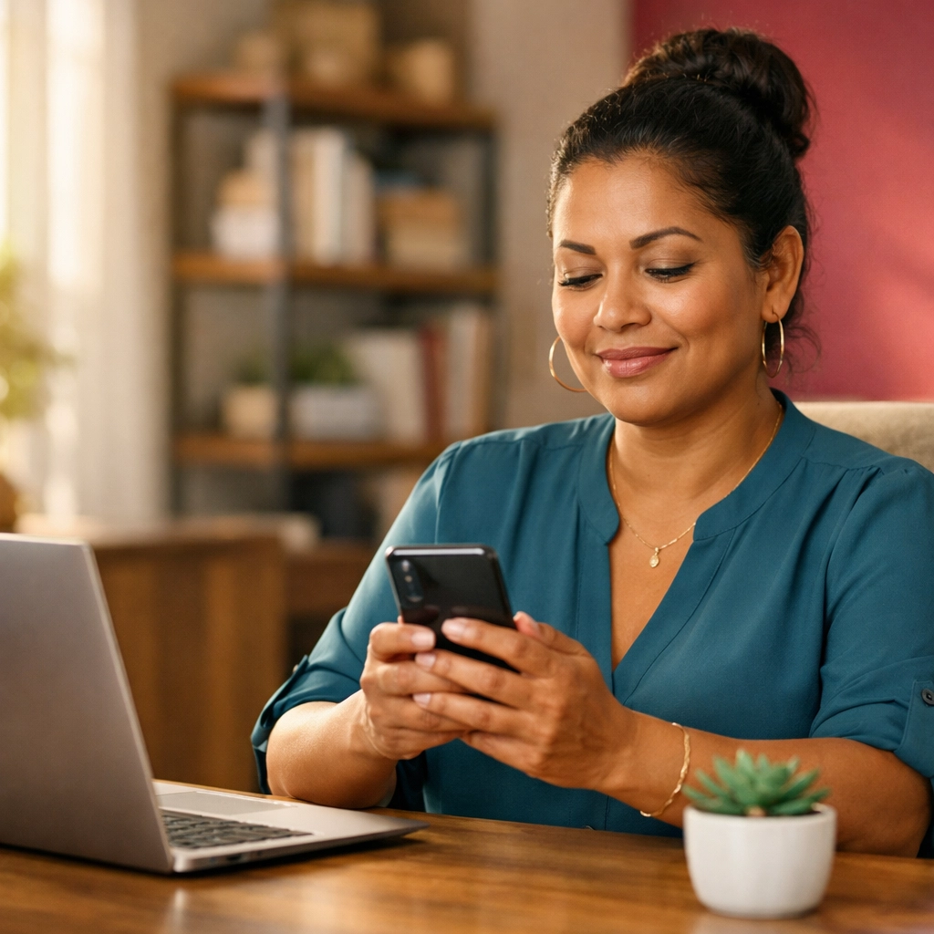 Woman managing her finances on a phone, demonstrating financial empowerment for women through automated budgeting.
