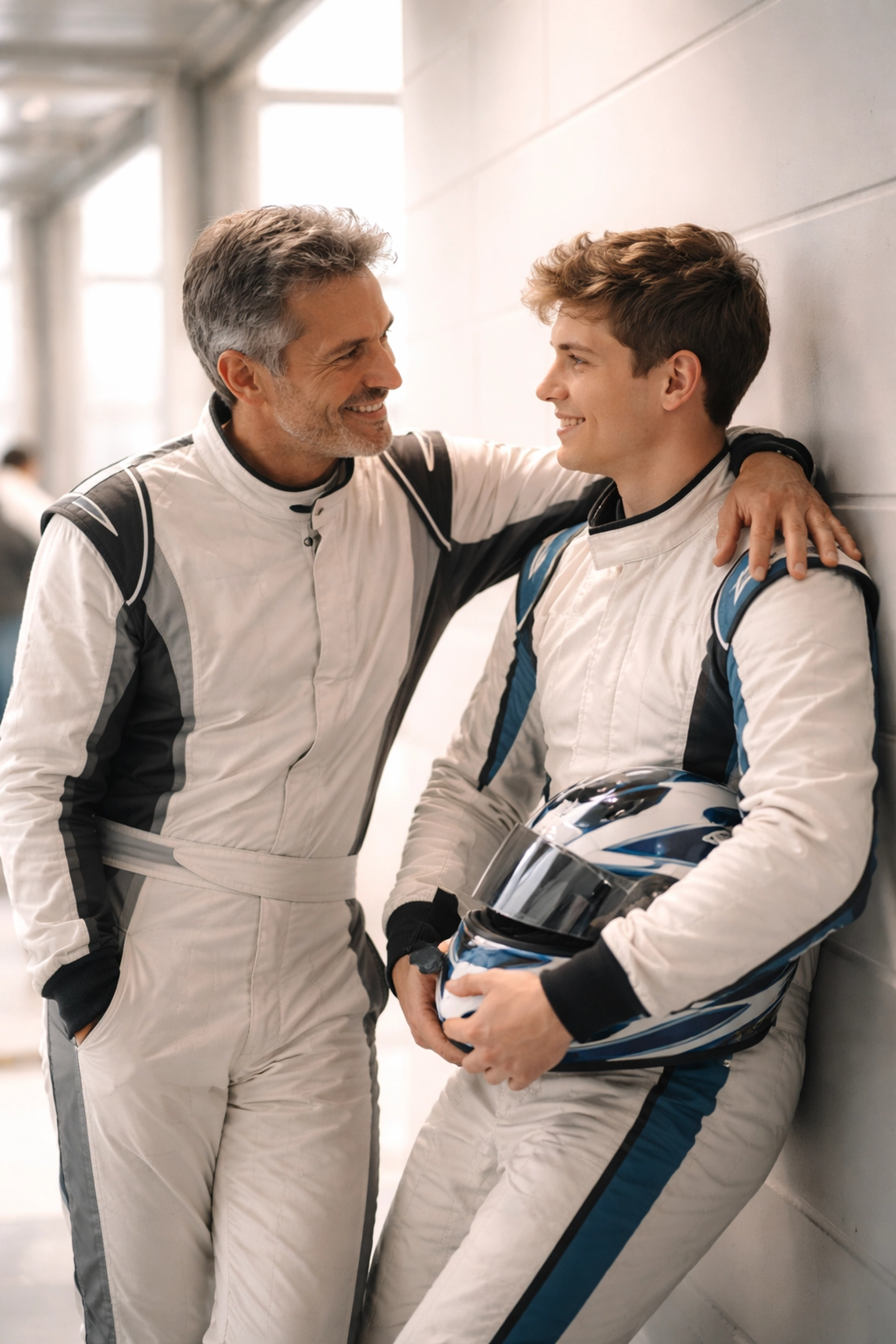 Mentor and young driver sharing a heartfelt moment in the F1 movie's redemption story