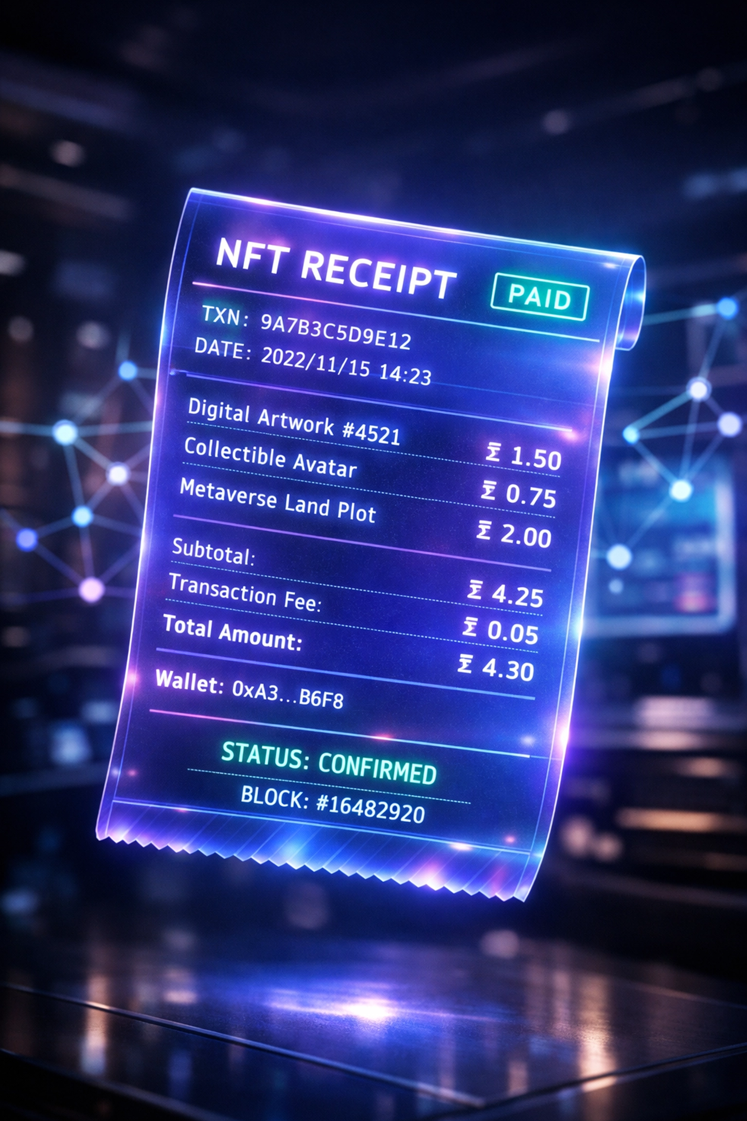Holographic NFT receipt displaying blockchain transaction data and timestamps for merchant payments