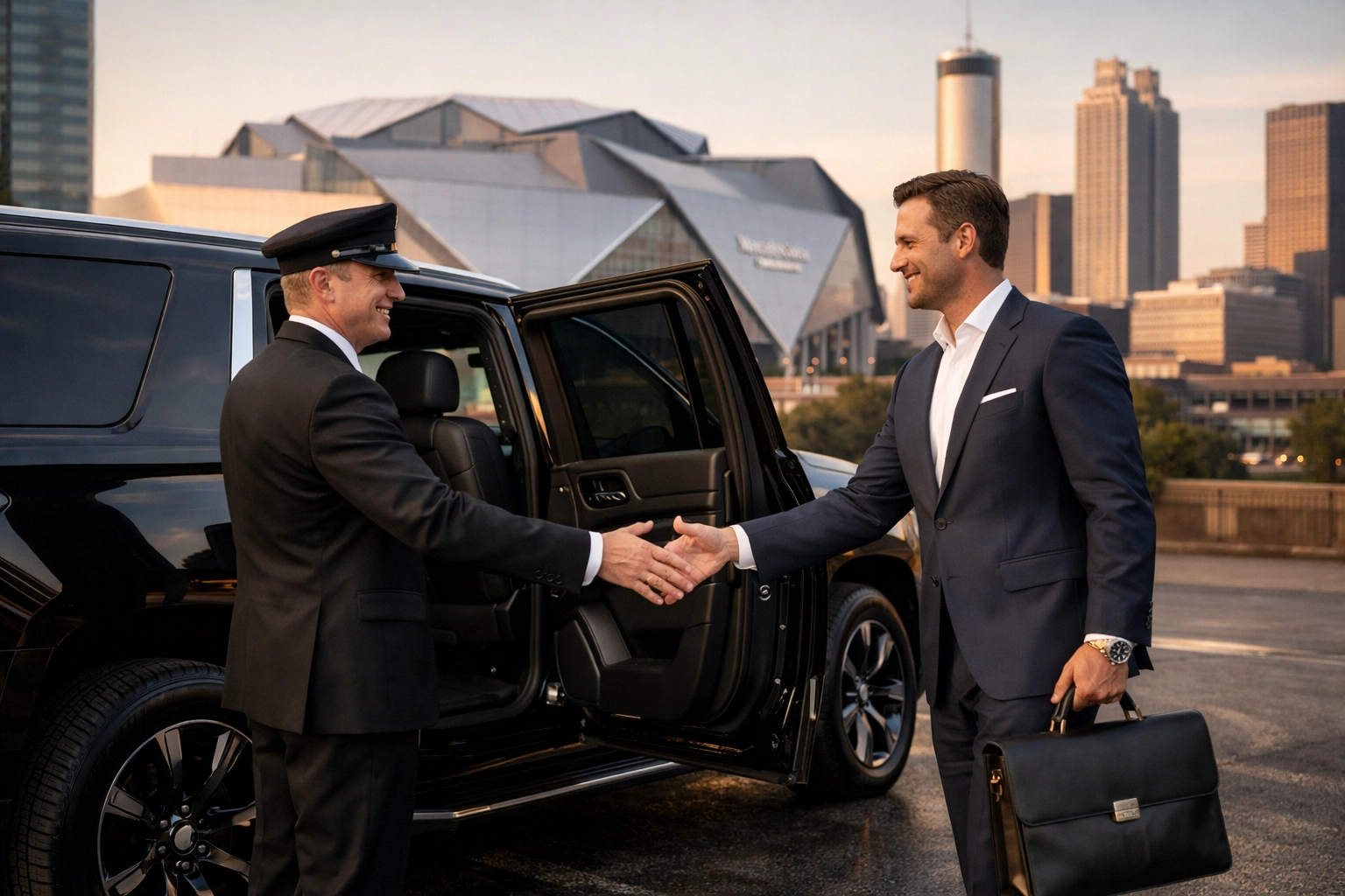 Atlanta black car service chauffeur greeting an executive near Mercedes-Benz Stadium for TRANSACT 2026.