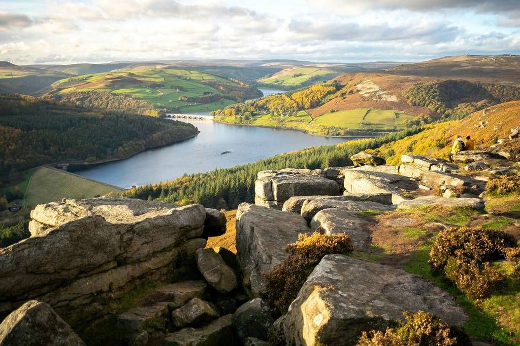 Ladybower Reservoir in the Peak District, with sweeping water views, surrounding hills, and dramatic scenery.