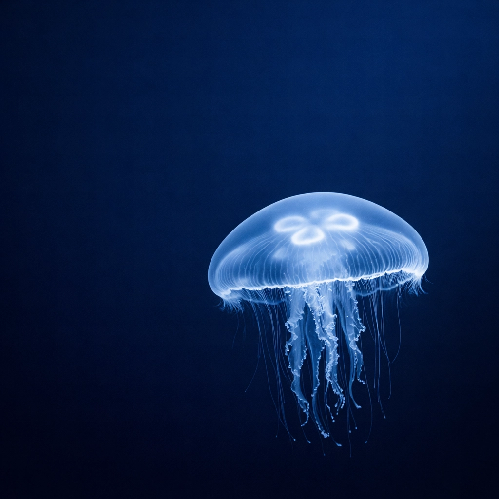 Minimalist photography of a Moon Jellyfish used for clean aquarium marketing visuals.