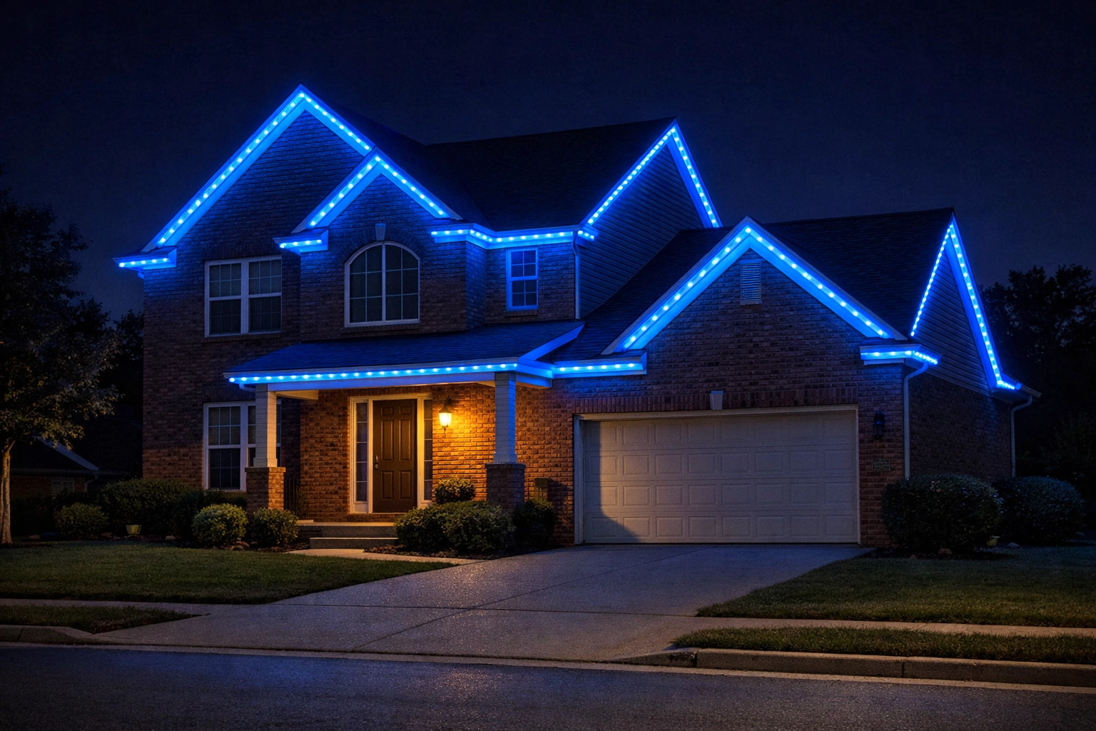 Lexington home with blue permanent outdoor lighting for game day team spirit.