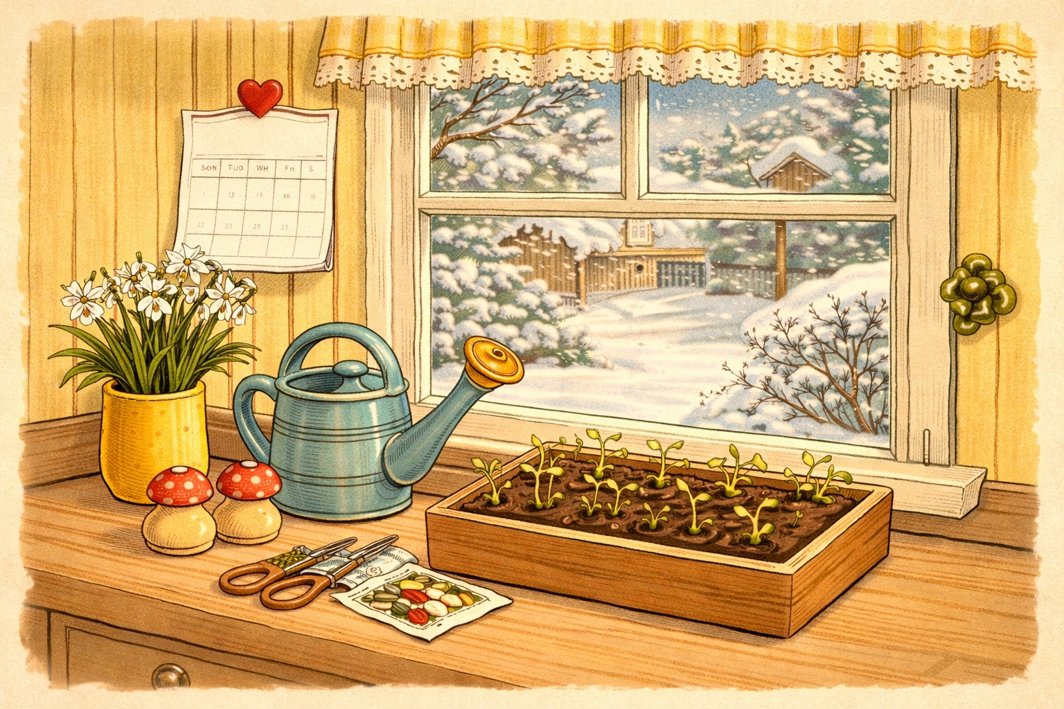 Cozy kitchen window in winter with seed tray and February calendar highlights indoor seed starting for Zone 6.