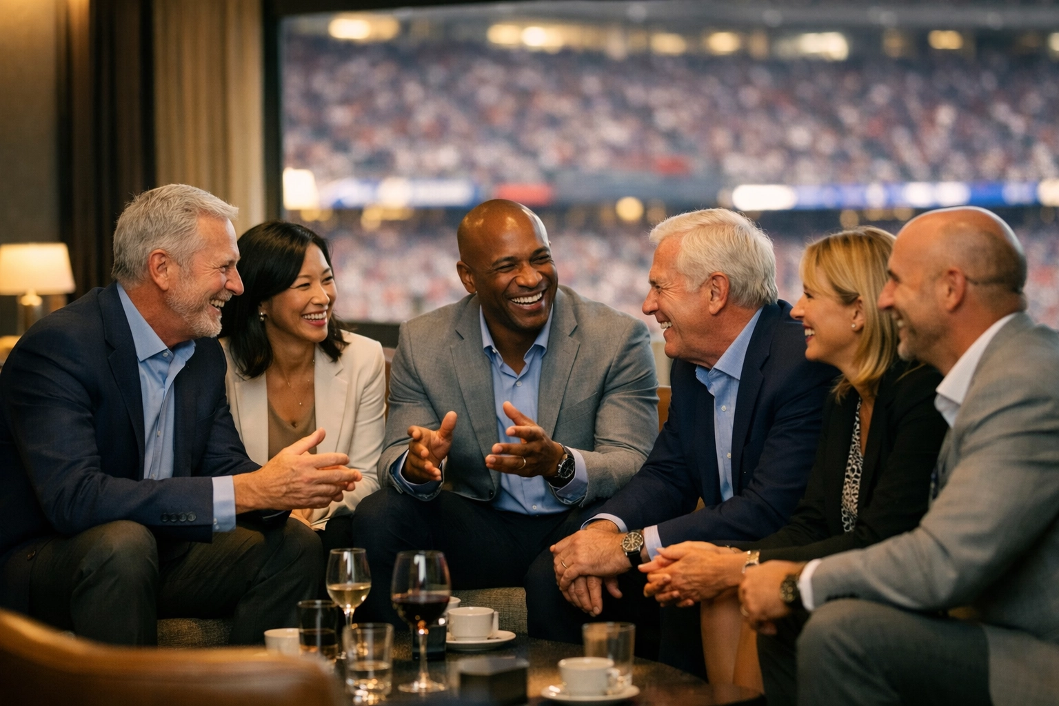 Executives networking in a VIP lounge during a strategic corporate hosting event at the Super Bowl.