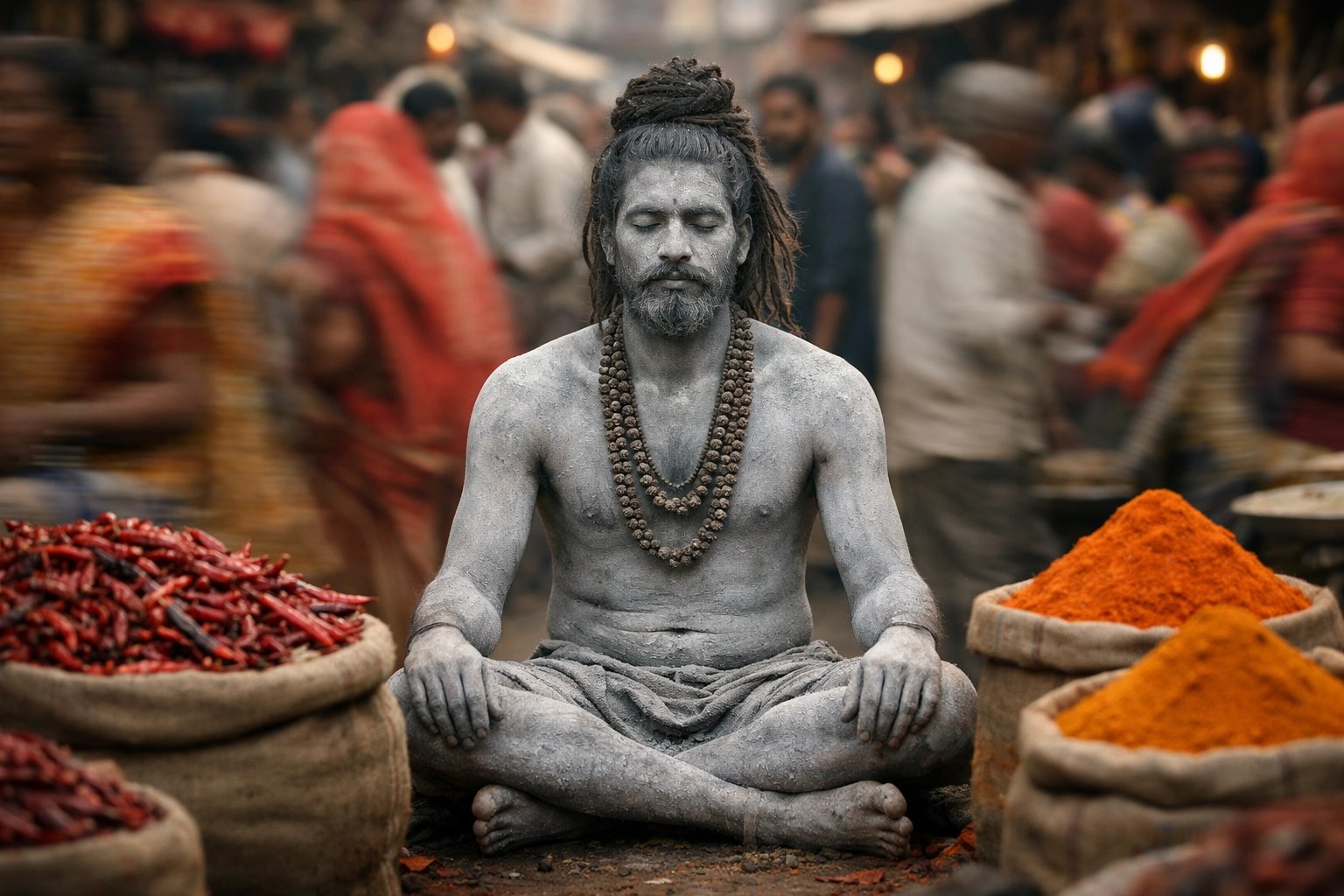 Tantric practitioner covered in sacred ash sitting in a busy spice market, representing worldly renunciation.